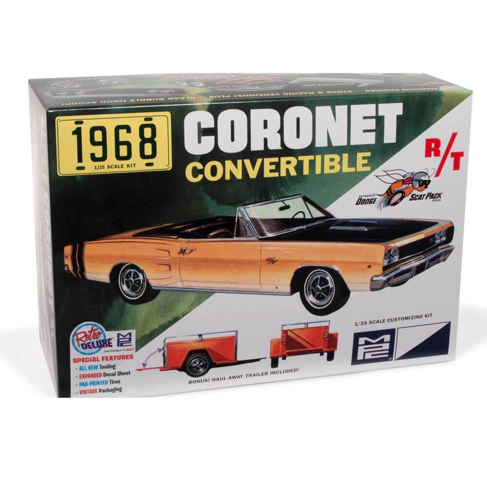 1968 CORONET CONVERTIBLE  
1/25 SCALE KIT  
R/T  
SCAT PACK  
AUTHENTIC DODGE  

SPECIAL FEATURES:  
- ALL NEW Tooling  
- EXPANDED Decal Sheet  
- PAD-PRINTED Tires  
- VINTAGE Packaging  

BONUS! HAUL-AWAY KIT  
TRAILER INCLUDED!  

1/28 SCALE CUSTOMIZING KIT  

RETRO DELUXE  
John's Custom Models