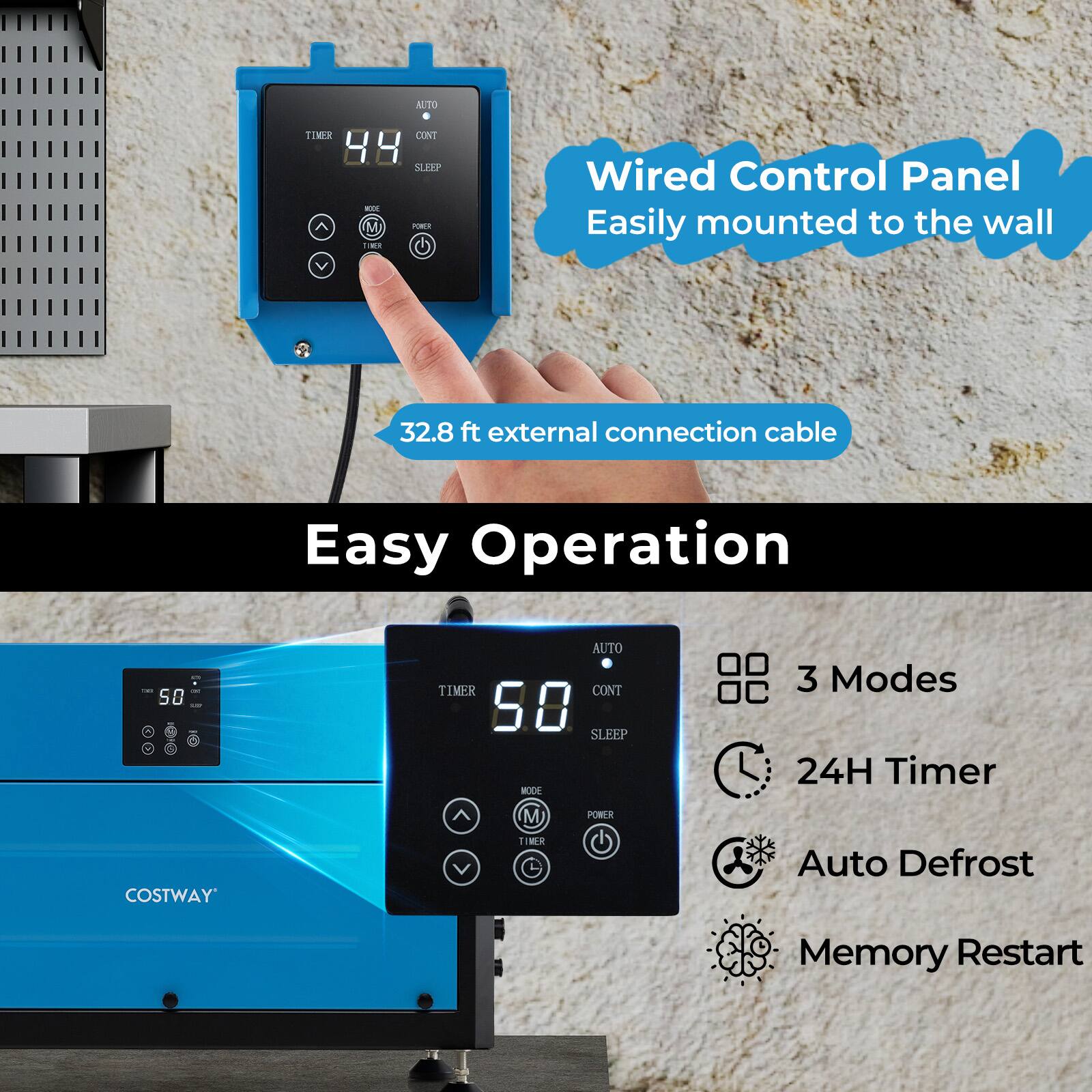 The text on the image can be grouped and corrected as follows:

Wired Control Panel Easily mounted to the wall 32.8 ft external connection cable Easy Operation 50: Auto Timer Cont 58 SLEEP MODE 3 Modes 24H Timer COSTWAY M 1 FIMR POWER G Auto Defrost Memory Restart