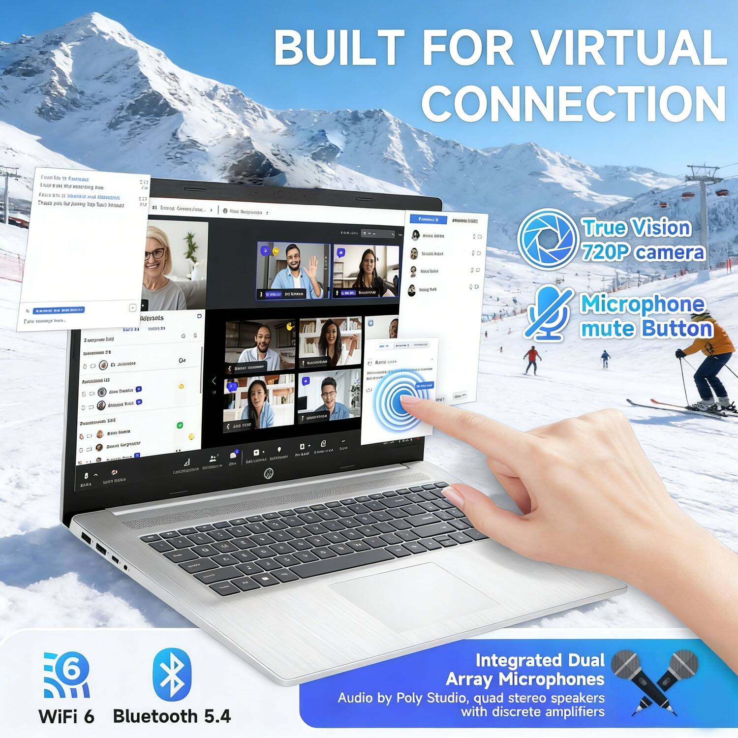 BUILT FOR VIRTUAL CONNECTION

- True Vision 720P camera
- Microphone mute Button
- WiFi 6
- Bluetooth 5.4
- Integrated Dual Array Microphones
- Audio by Poly Studio, quad stereo speakers with discrete amplifiers