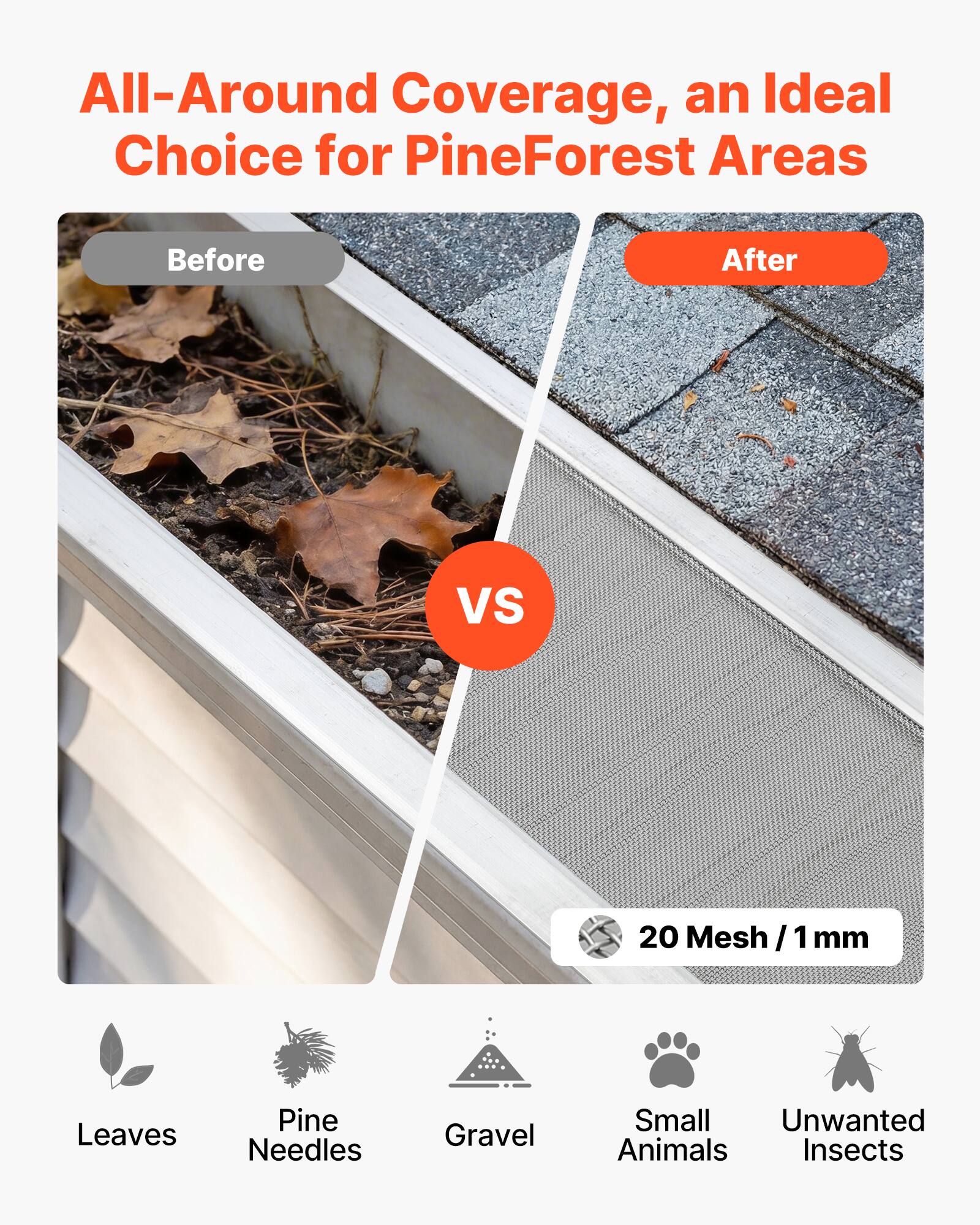 All-Around Coverage, an Ideal Choice for PineForest Areas

Before VS After

20 Mesh / 1 mm

Leaves
Pine Needles
Gravel
Small Animals
Unwanted Insects