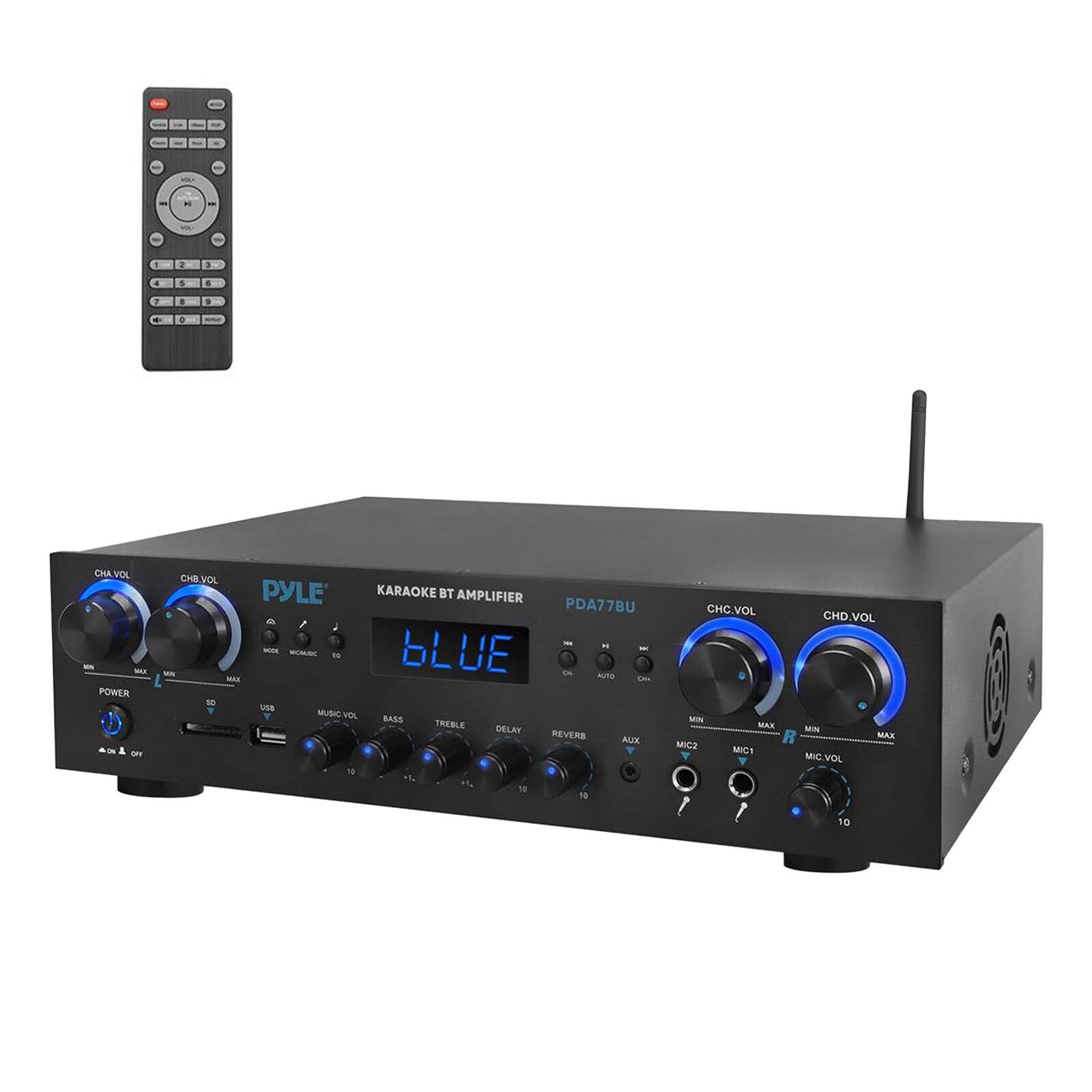 CHA VOL  
CHB VOL  
CHC VOL  
CHD VOL  
MUSIC VOL  
BASS  
TREBLE  
DELAY  
REVERB  
AUX  
MIC VOL  
MIC 1  
MIC 2  
POWER  
USB  
SD  
PYLE  
KARAOKE BT AMPLIFIER  
PDA77BU  
BLUE