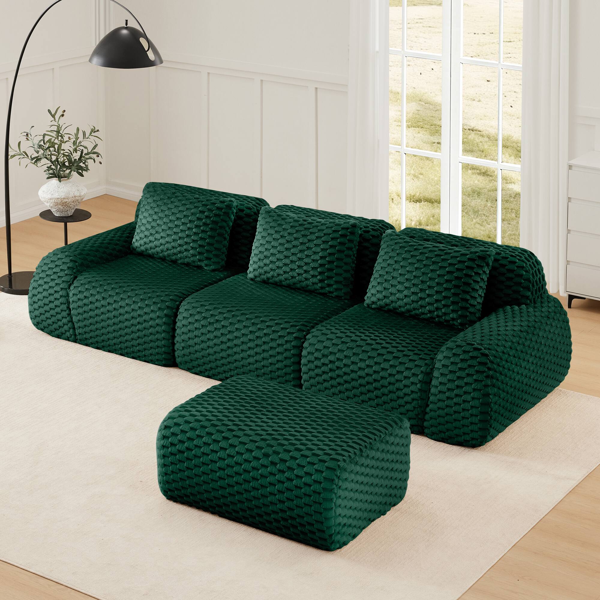 Angle. Aukfa - 114" Modern L-Shaped Modular Sectional Sofa - Flannelette Fabric, 3-Seater with Ottoman, Buckle Connection, No Assembly - Green.