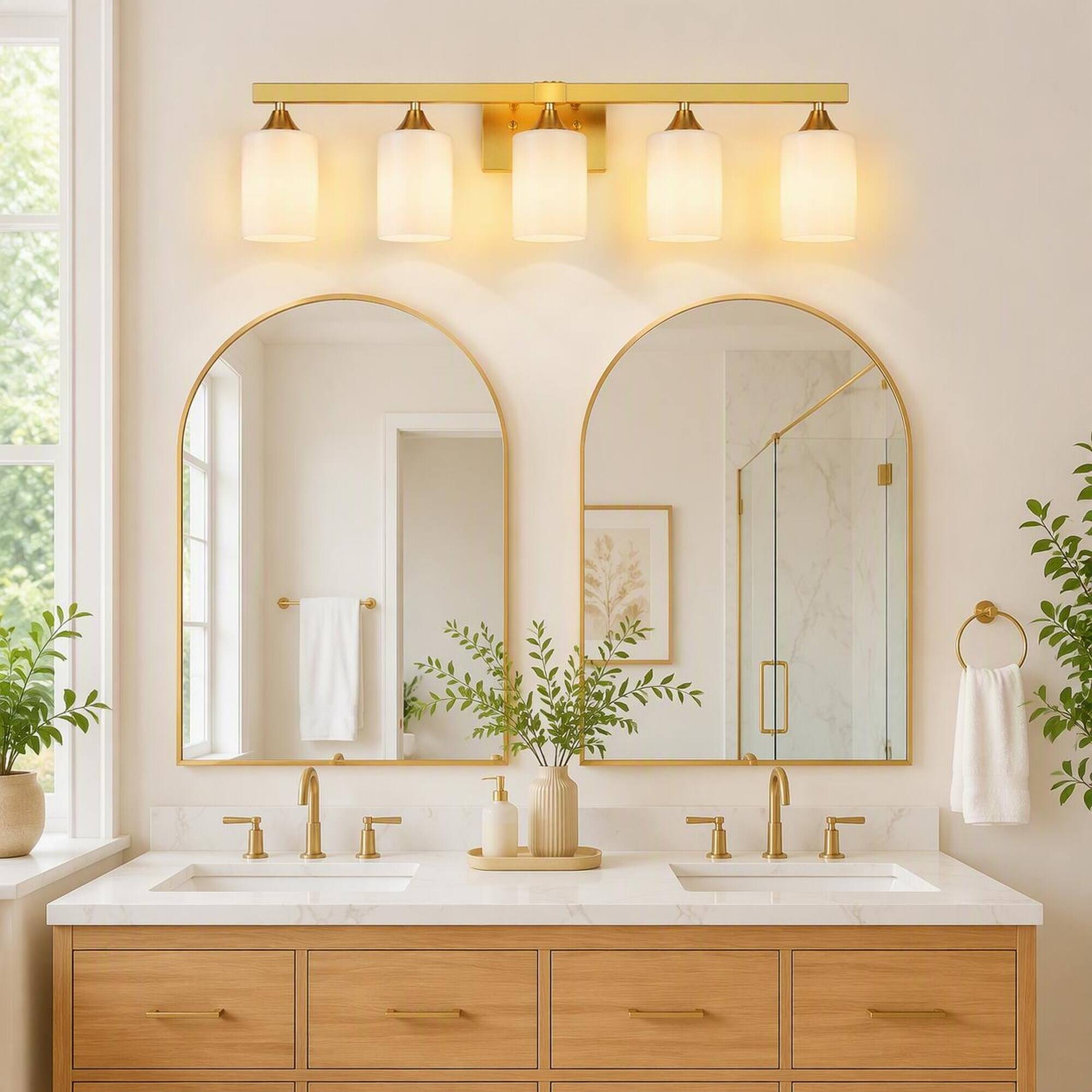 Back. RYHNUYNE - 5-Light Brushed Gold Vanity Light Bar with Frosted Glass Shades for Bathroom, Bedroom, and Hallway.
