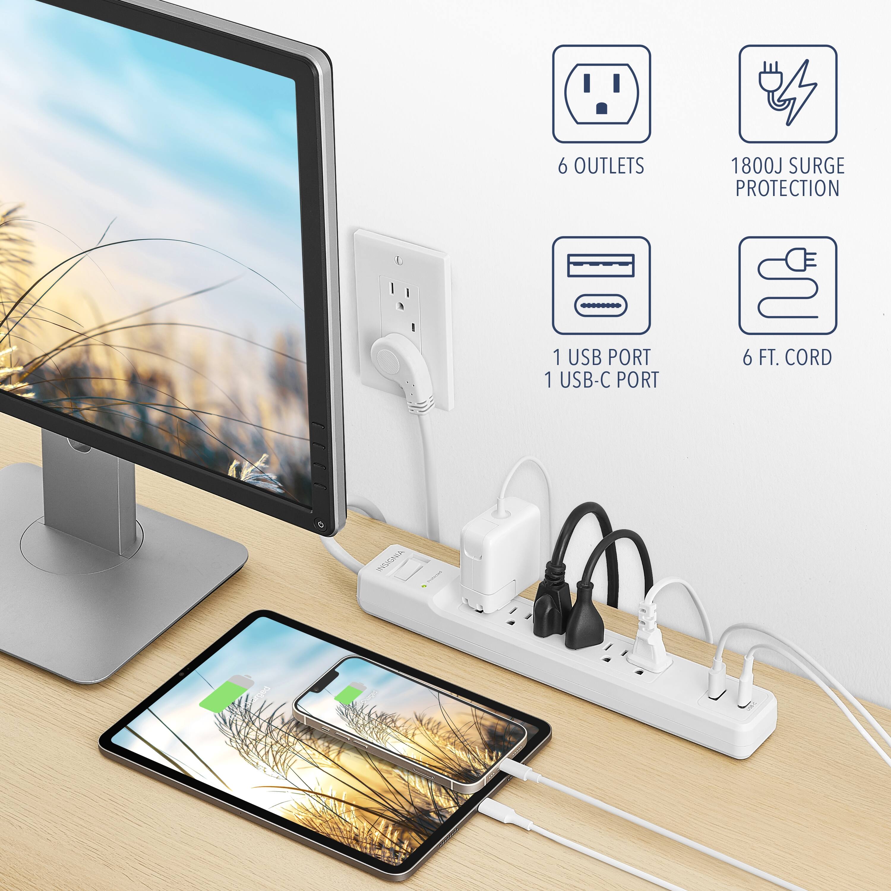 6 OUTLETS, 1800J SURGE PROTECTION, 1 USB PORT, 6 FT. CORD