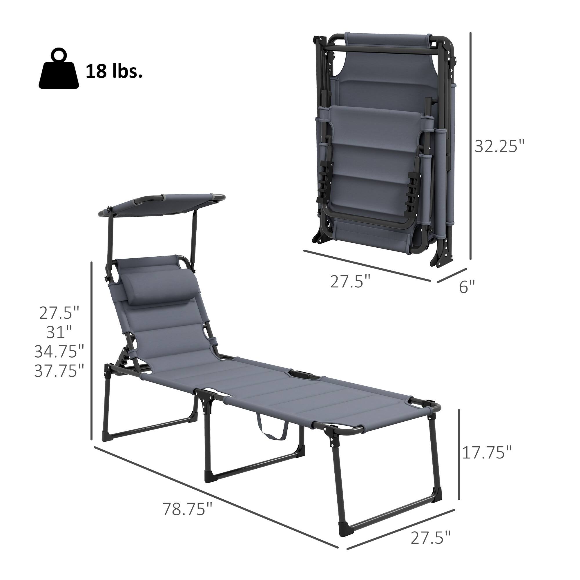 18 lbs., 32.25", 27.5", 31", 34.75", 37.75", 27.5", 6", 17.75", 78.75"