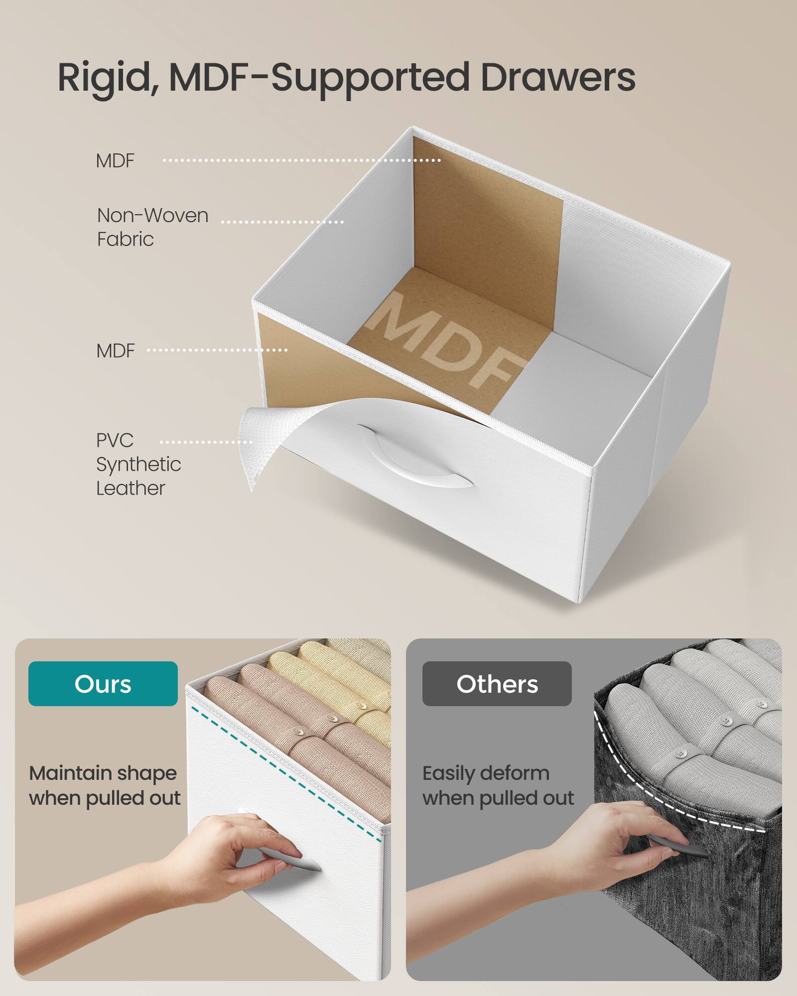 Rigid, MDF-Supported Drawers

MDF
Non-Woven Fabric
MDF
PVC Synthetic Leather

Ours
Maintain shape when pulled out

Others
Easily deform when pulled out