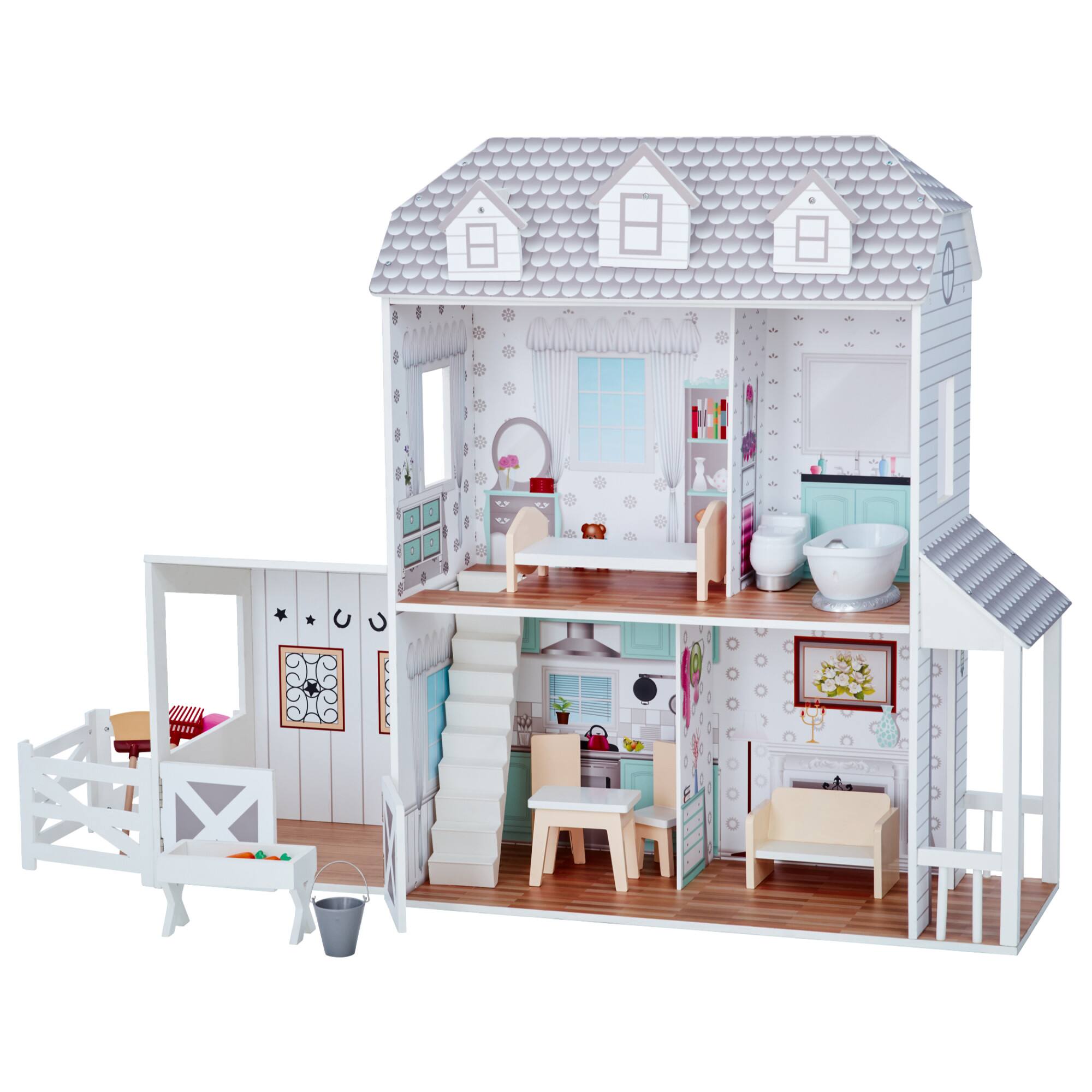 Alt View 4. Teamson Kids - 2-Story Farmhouse Dollhouse with Stable.