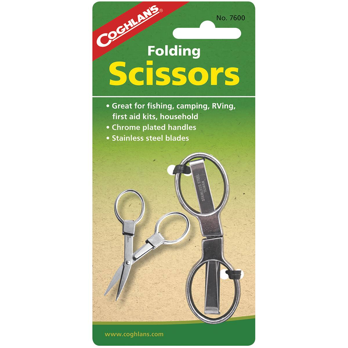 No. 7600 COGHLAN'S Folding Scissors  
Great for fishing, camping, RVing, first aid kits, household  
Chrome plated handles  
Stainless steel blades  
STEEL STAINLESS TAIWAN  
www.coghlan.com