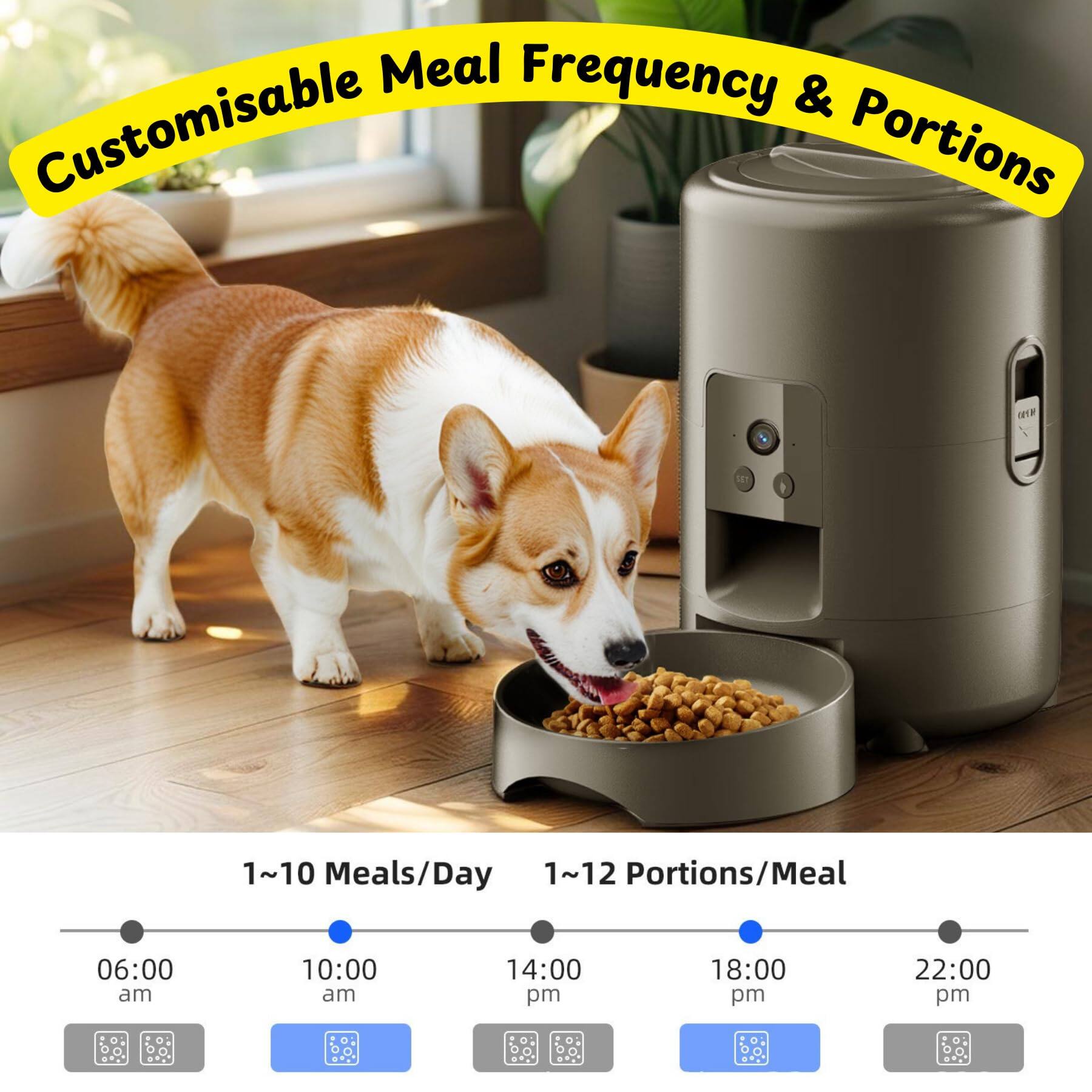 Customisable Meal Frequency & Portions

1~10 Meals/Day  
1~12 Portions/Meal

06:00 am  
10:00 am  
14:00 pm  
18:00 pm  
22:00 pm