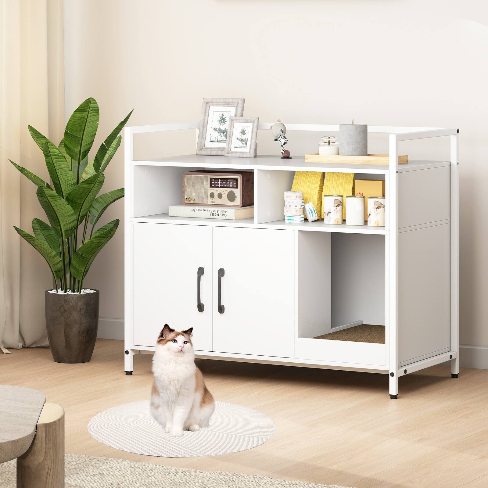 Alt View 1. Gymax - Gymax Cat Litter Box Enclosure w/ Storage Compartments Removable Scratching Board White - White.