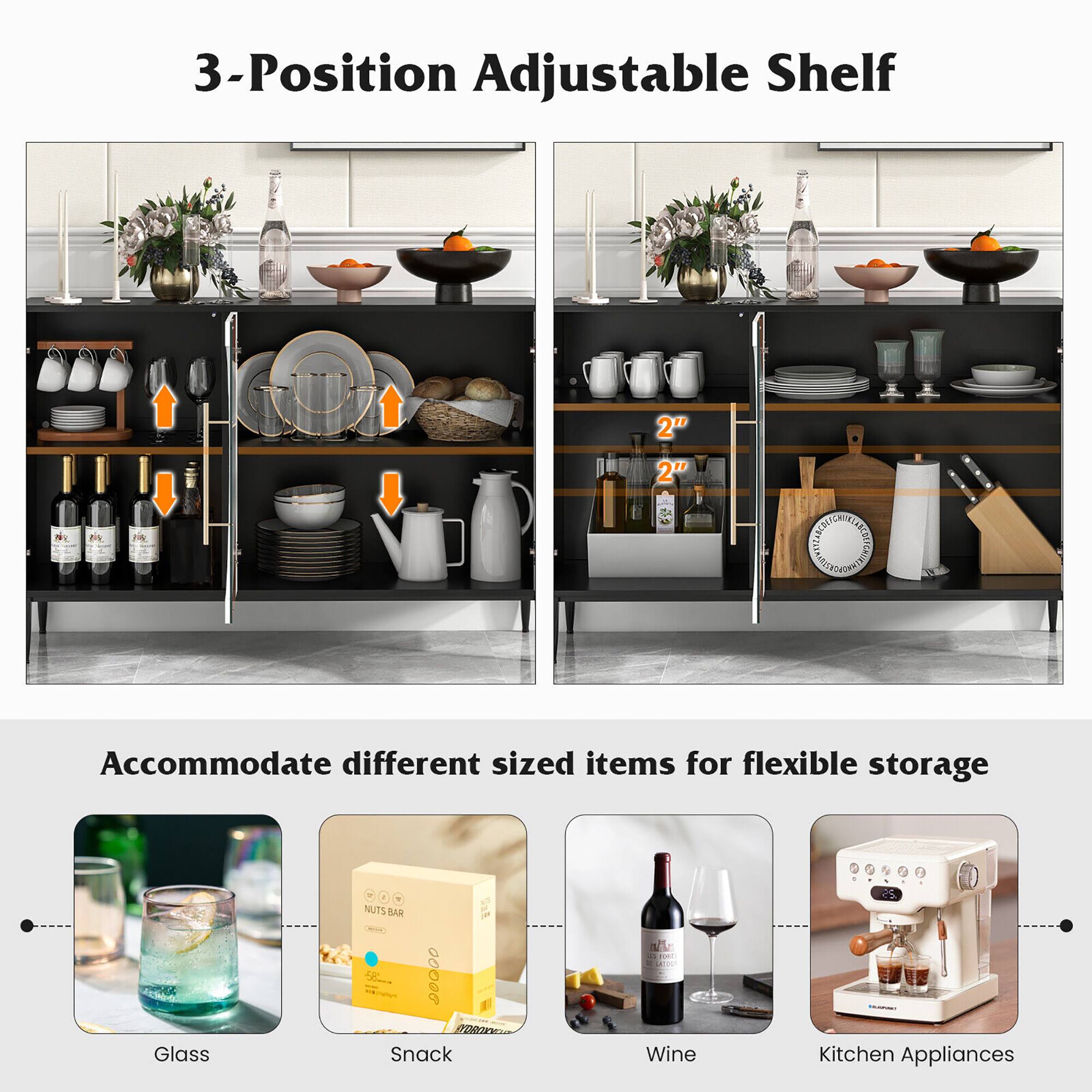3-Position Adjustable Shelf

Accommodate different sized items for flexible storage

- Glass
- Snack
- Wine
- Kitchen Appliances
