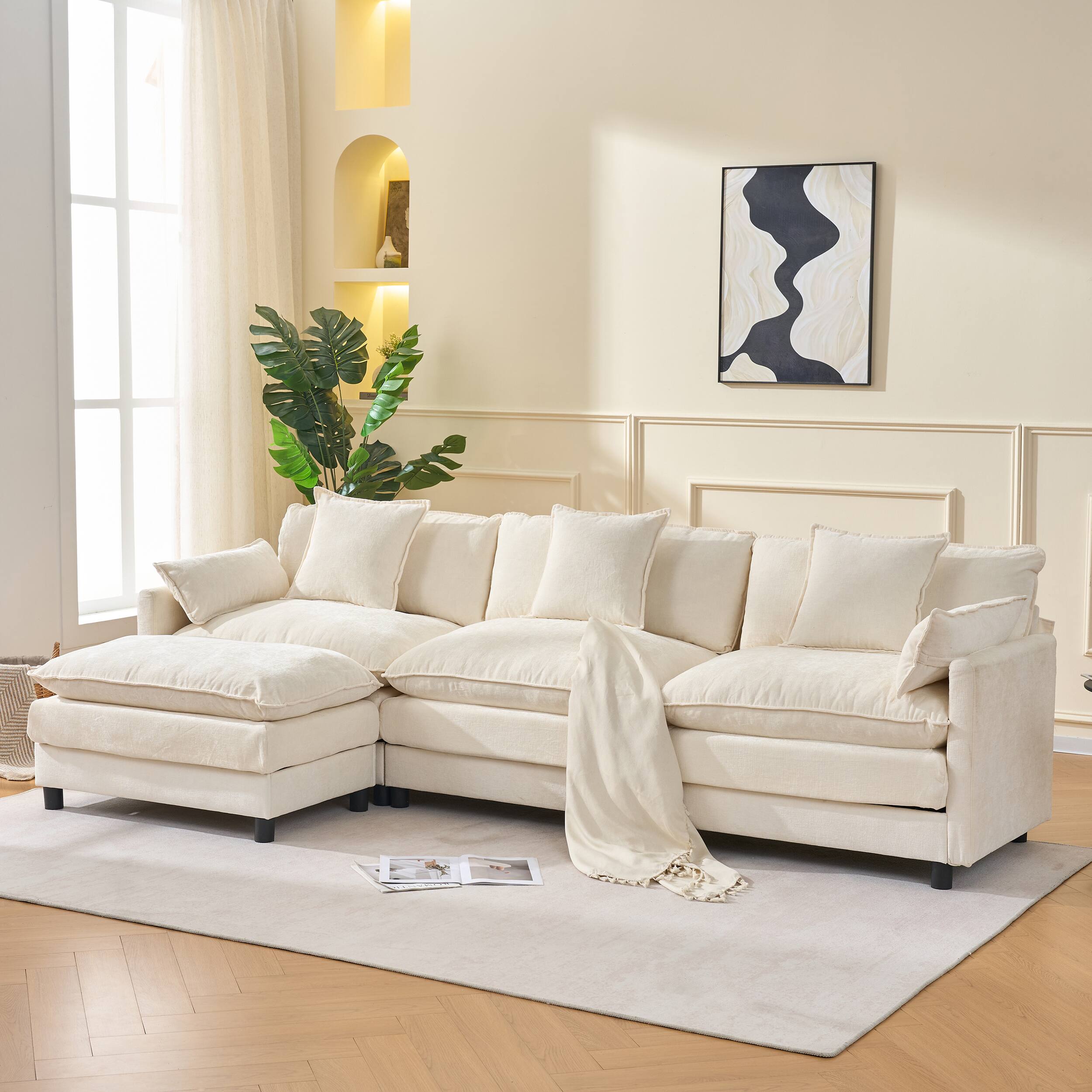 Alt View 2. Roomtec - 108 inch L Shaped Modern Sofa Modular Sectional Cloud Couch with Ottoman 4Seat Chenille Deep Seat Sofa with Pillow for - Beige.