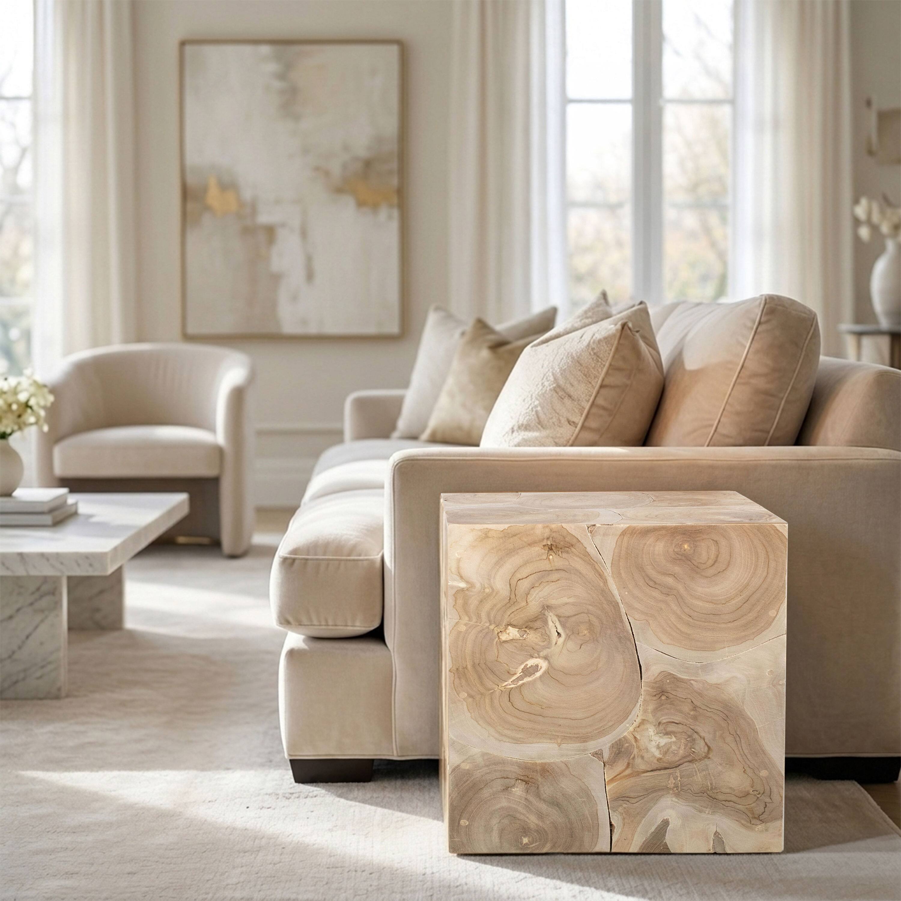 Alt View 7. Manhattan Lane - Sira Mosaic Side End Table, Hand Oiled Natural Brown Finish, 20 Inch Solid Teak Wood Slice Cube - Natural Brown.