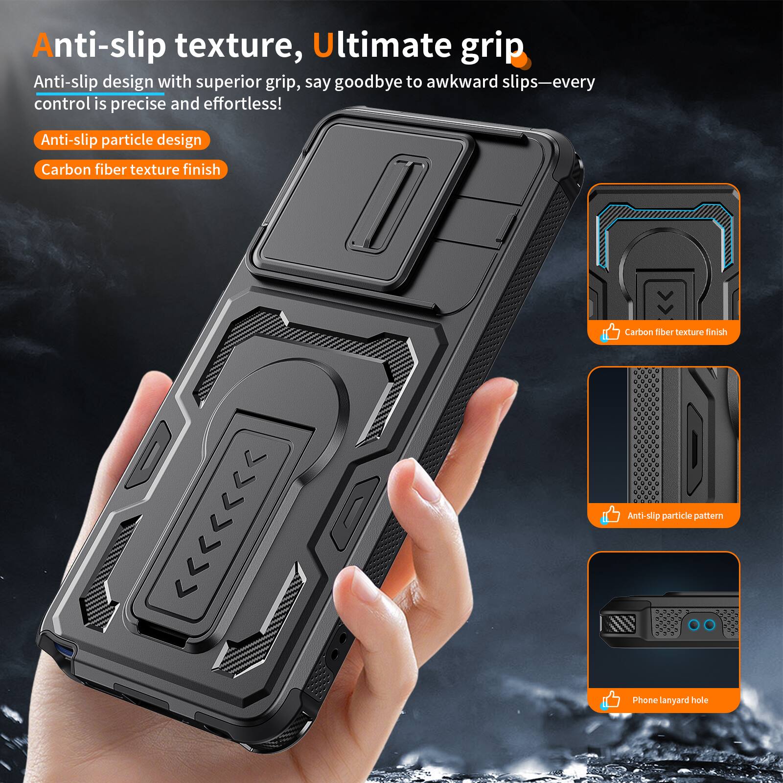 Anti-slip texture, Ultimate grip

Anti-slip design with superior grip, say goodbye to awkward slips—every control is precise and effortless!

Anti-slip particle design
Carbon fiber texture finish

Carbon fiber texture finish
Anti-slip particle pattern
Phone lanyard hole