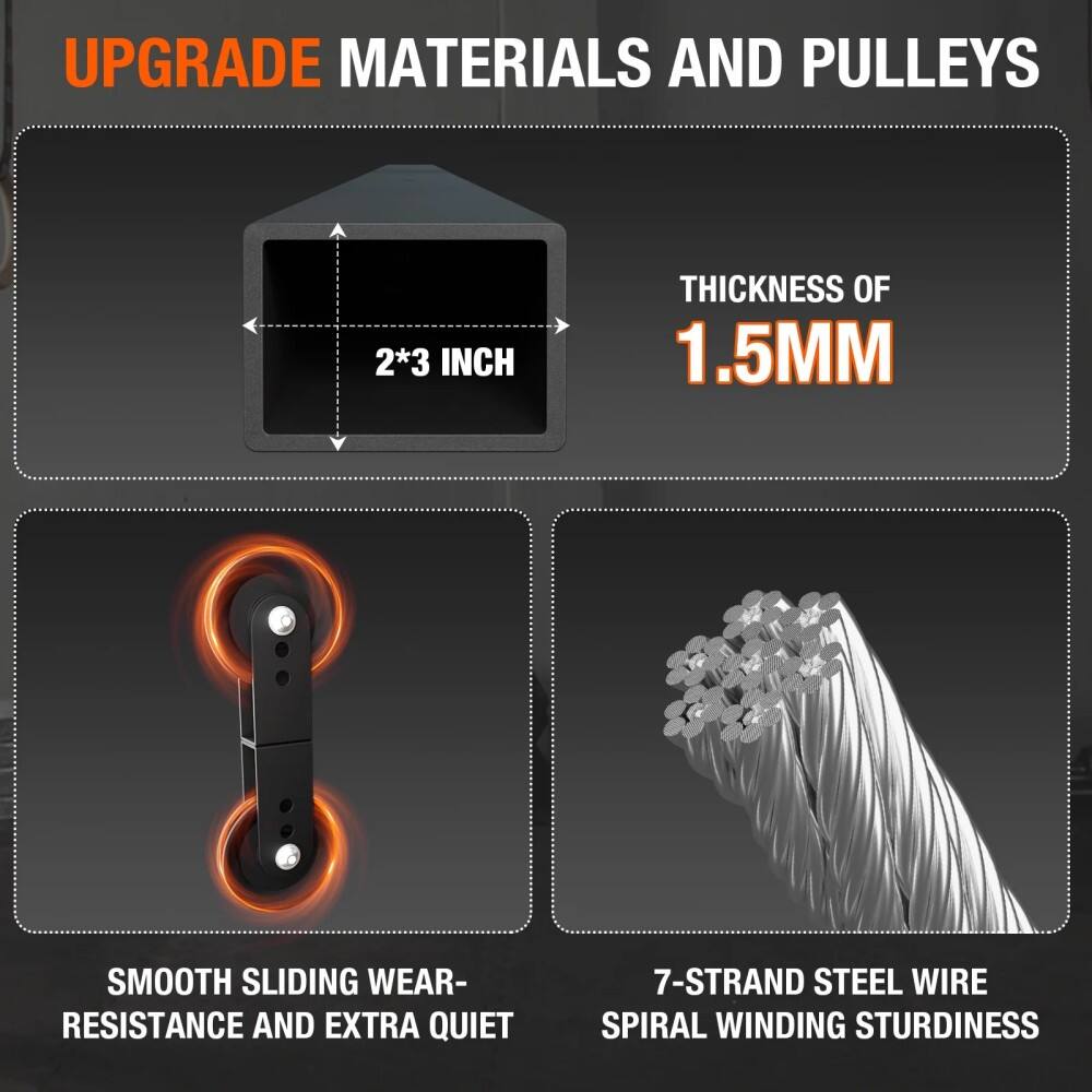 UPGRADE MATERIALS AND PULLEYS

- 2*3 INCH
- THICKNESS OF 1.5MM
- SMOOTH SLIDING WEAR-RESISTANCE AND EXTRA QUIET
- 7-STRAND STEEL WIRE SPIRAL WINDING STURDINESS