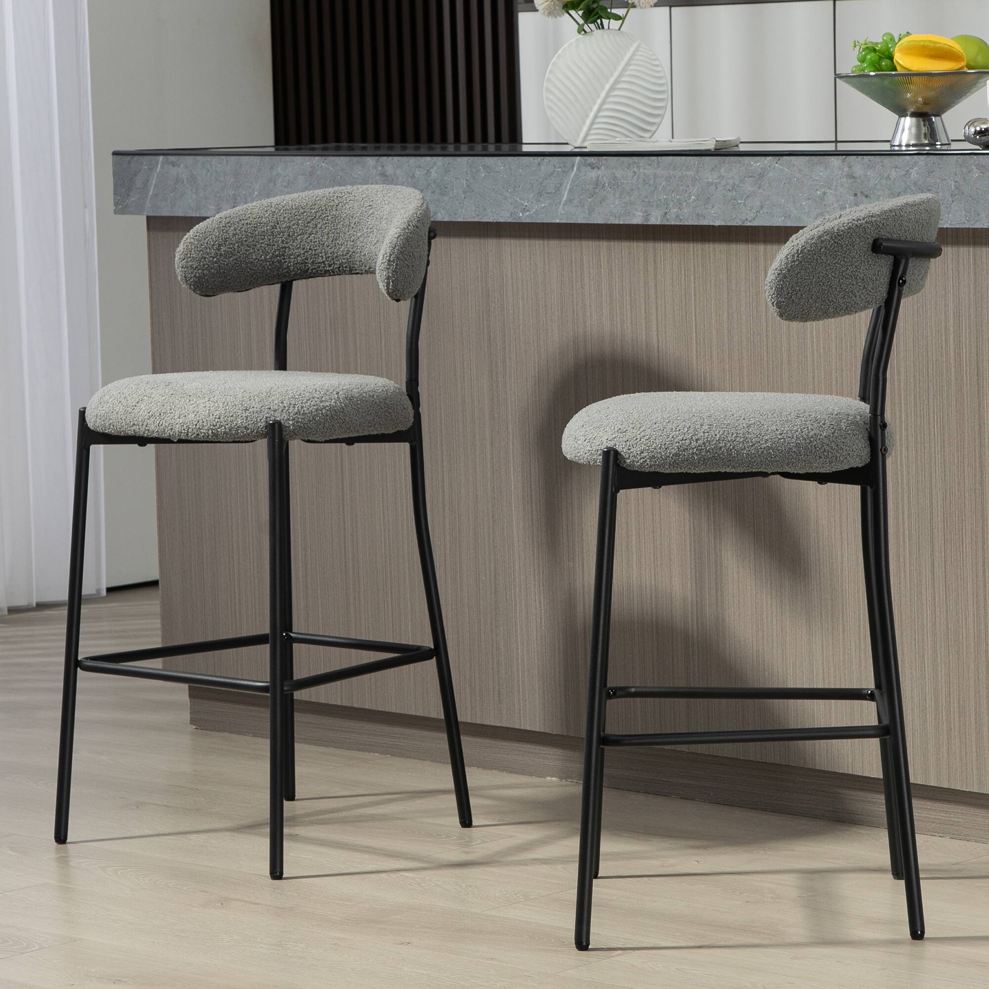 Alt View 6. GOODSILO - 26"" Counter Height Bar Stool - Teddy Fabric Kitchen Island Stool with Black Base - Grey.