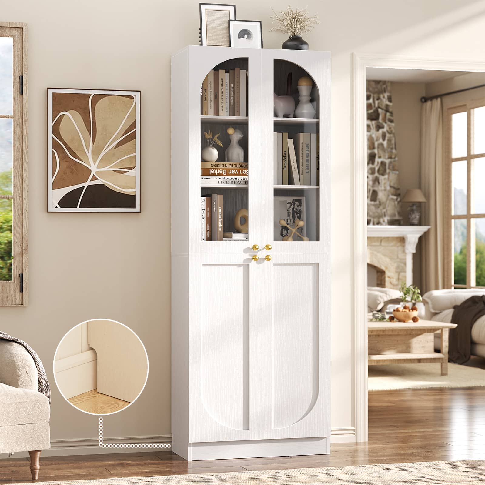 Aheaplus - 80'' Tall Bookcase with Glass Doors, 6-Tier Farmhouse Bookcase with Adjustable Shelves - White