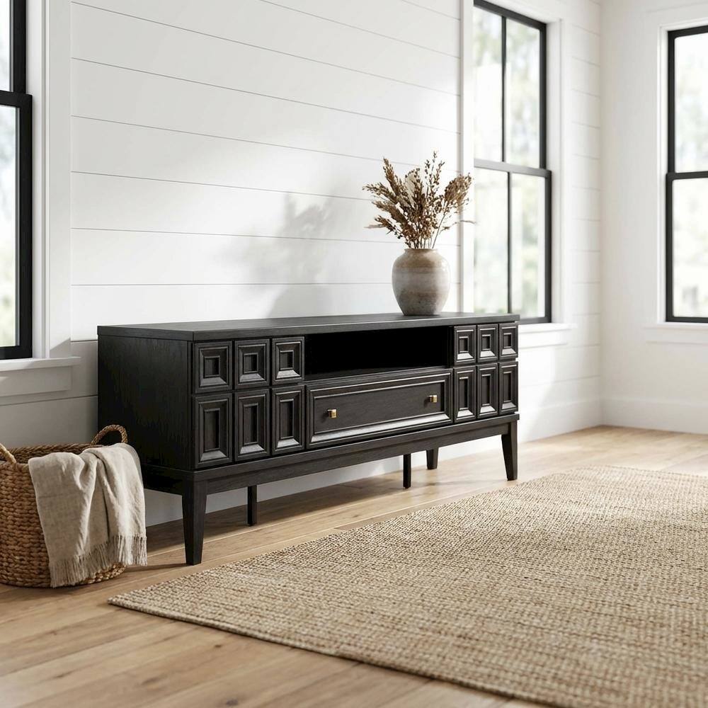 Angle. FurniFact - Black TV Stand with Engineered Wood Construction for Living Room Storage - Black.