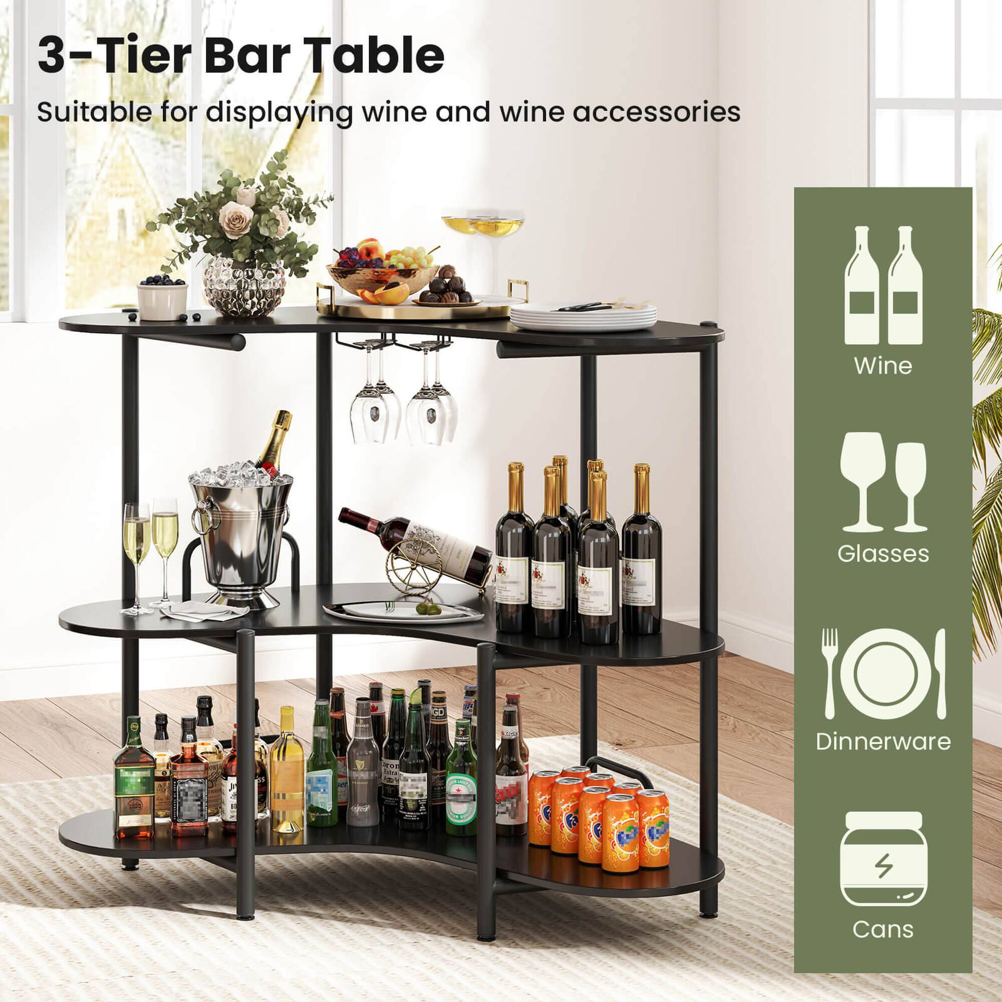 3-Tier Bar Table Suitable for displaying wine and wine accessories, Wine Glasses, SC, Dinnerware, T Cans.