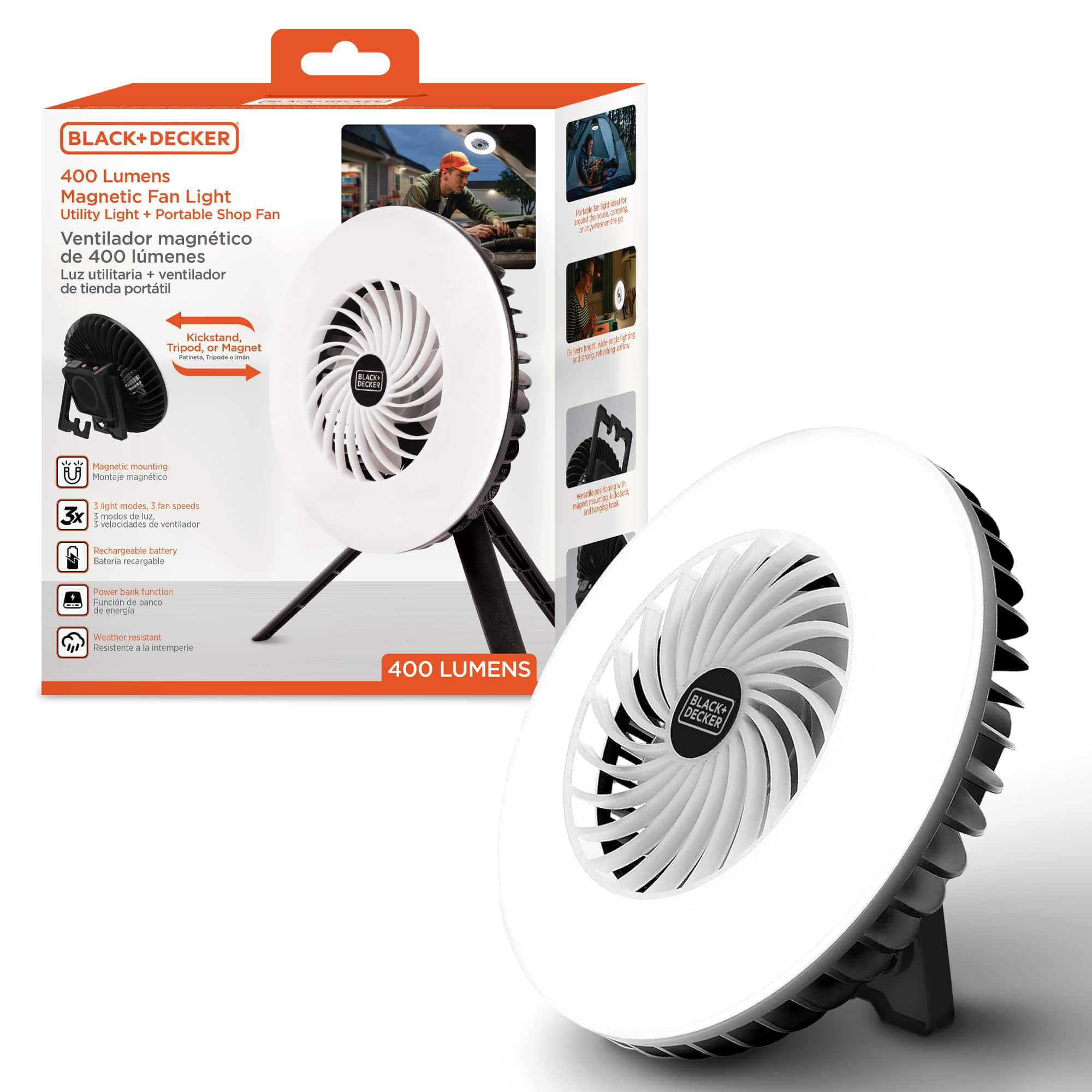 Black+Decker - 400LM Utility Fan Light, 3 Brightness Levels & Fan Speeds, USB Rechargeable, Power Bank, Magnetic - Black