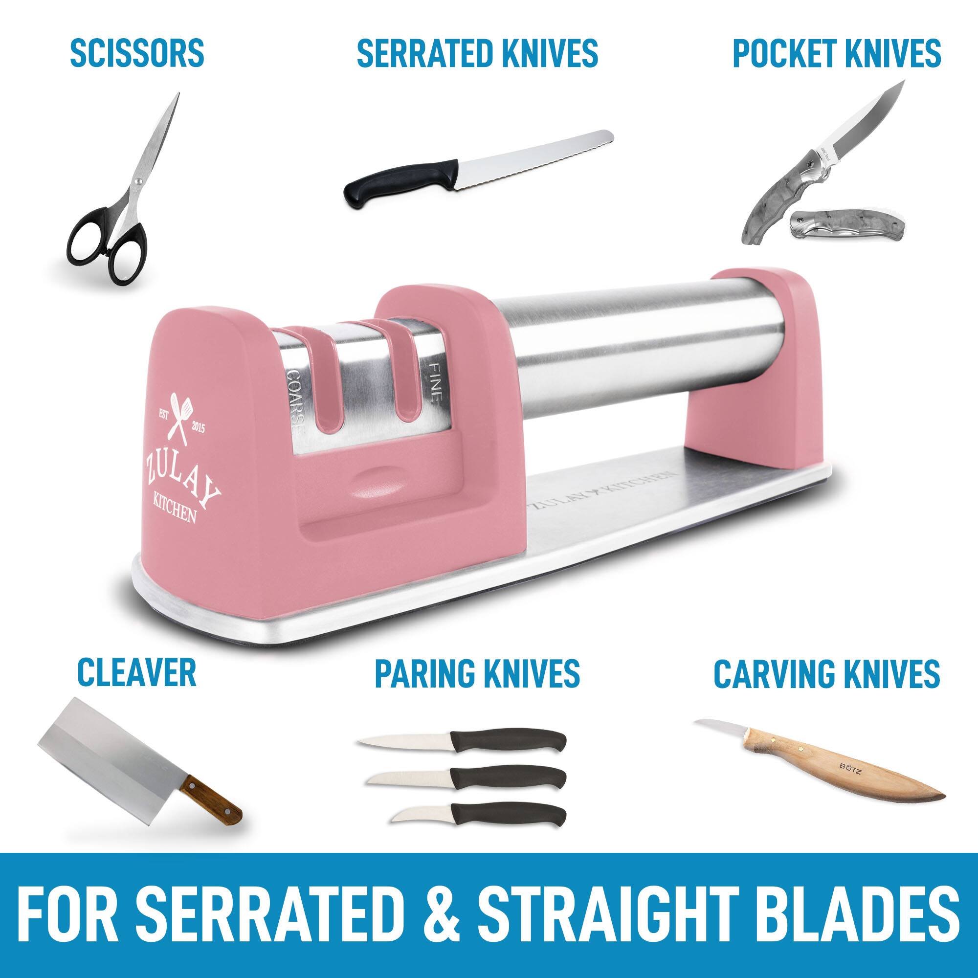 SCISSORS  
SERRATED KNIVES  
POCKET KNIVES  
CLEAVER  
PARING KNIVES  
CARVING KNIVES  

FOR SERRATED & STRAIGHT BLADES