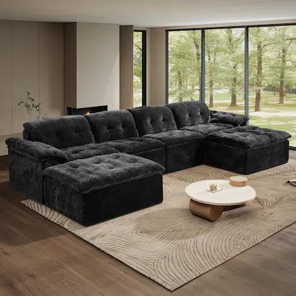 Front. Anysun - Anysun 4-Seater Chenille Upholstery Modular Convertible Design Generous Seating Cushioned Sofa with 2 Versatile Ottomans - Black.
