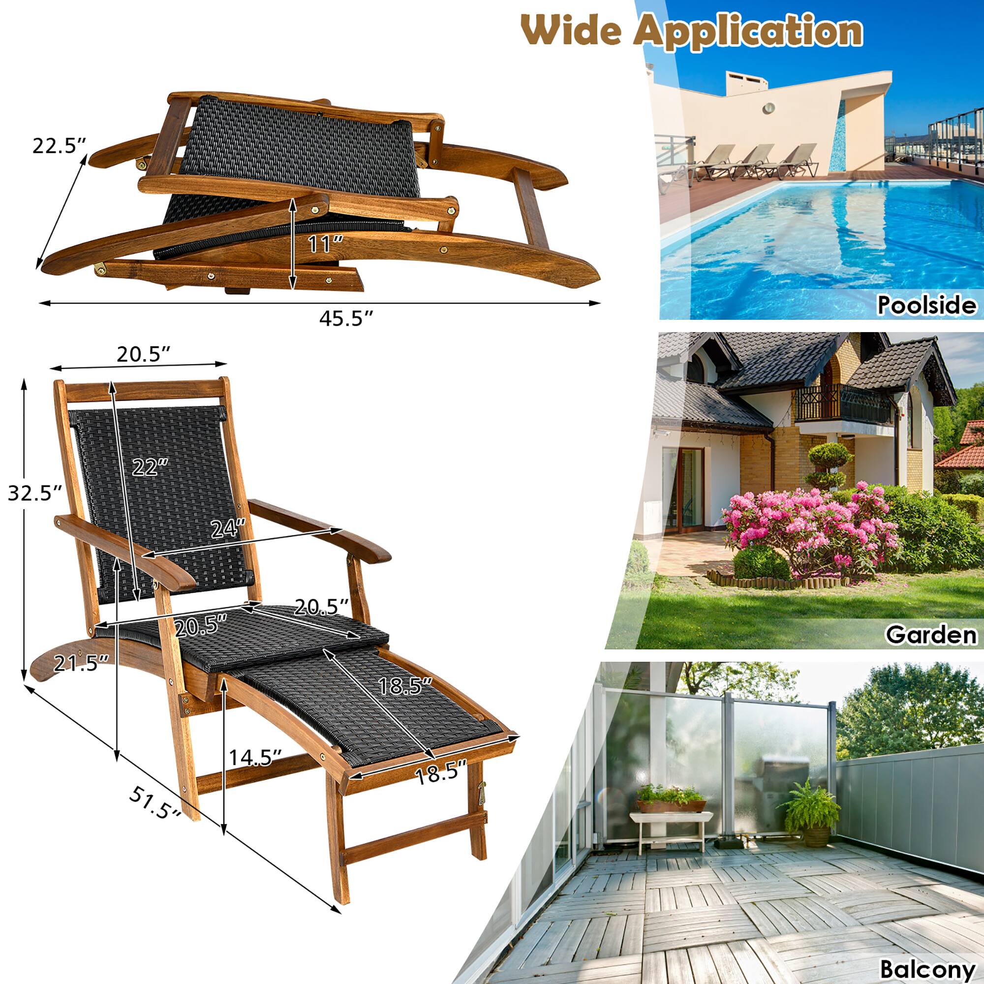 Wide Application: 22.5" x 11" x 45.5"
Poolside: 20.5" x 32.5" x 220"
24" x 21.5" x 20.5"
20.5" x 20.5" x 18.5"
Garden: 51.5" x 14.5" x 18.5"
Balcony: 20.5" x 18.5" x 18.5"