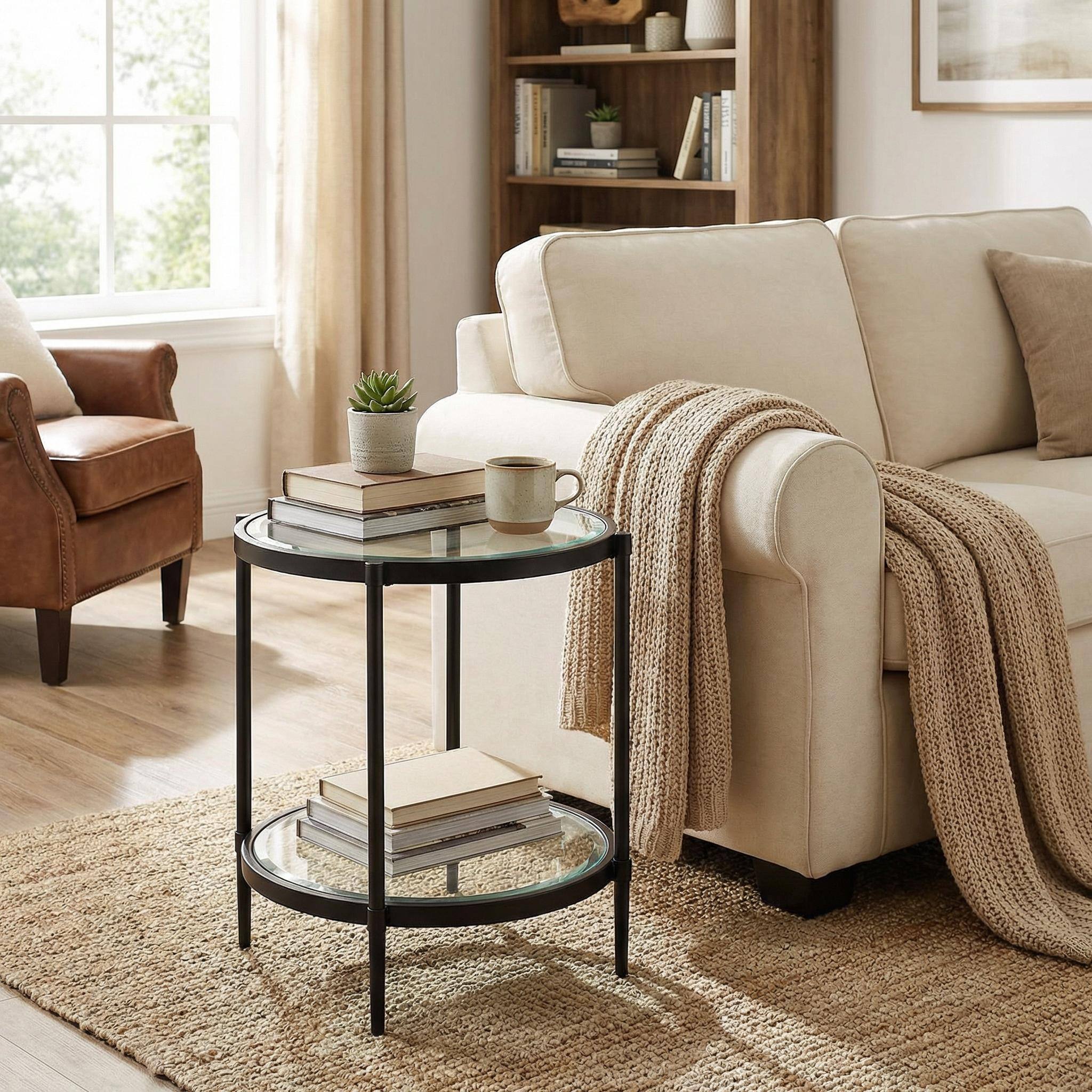 Alt View 3. Boyel Living - 21.65 in. Black Frame Round Glass Top Coffee Table with Storage Shelf - Black+Glass.