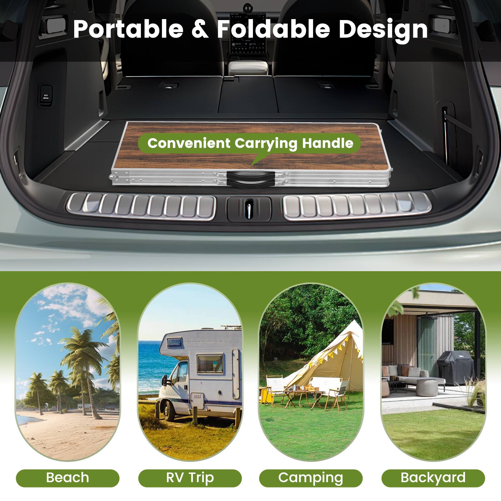 Portable & Foldable Design  
Convenient Carrying Handle  

Beach  
RV Trip  
Camping  
Backyard