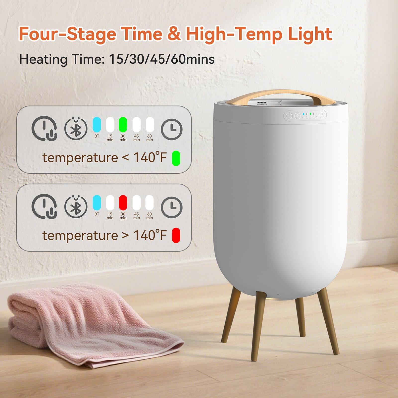 Four-Stage Time & High-Temp Light

Heating Time: 15/30/45/60mins

- temperature < 140°F
  - BT 15 min
  - 30 min
  - 45 min
  - 60 min

- temperature > 140°F
  - BT 15 min
  - 30 min
  - 45 min
  - 60 min