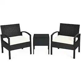 Pefilos - 3-Piece Wicker Backyard Patio Conversation Furniture Set with Removable Cushions and Table for Yard Bistro Porch Balcony - Black
