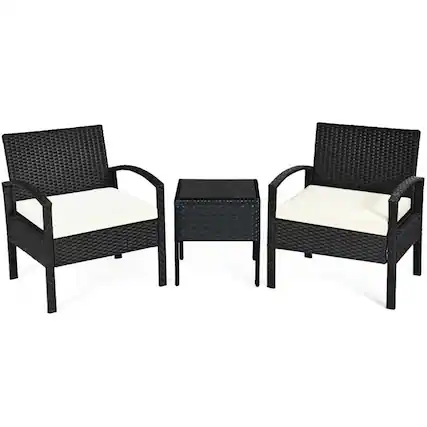 Front. Pefilos - 3-Piece Wicker Backyard Patio Conversation Furniture Set with Removable Cushions and Table for Yard Bistro Porch Balcony - Black.