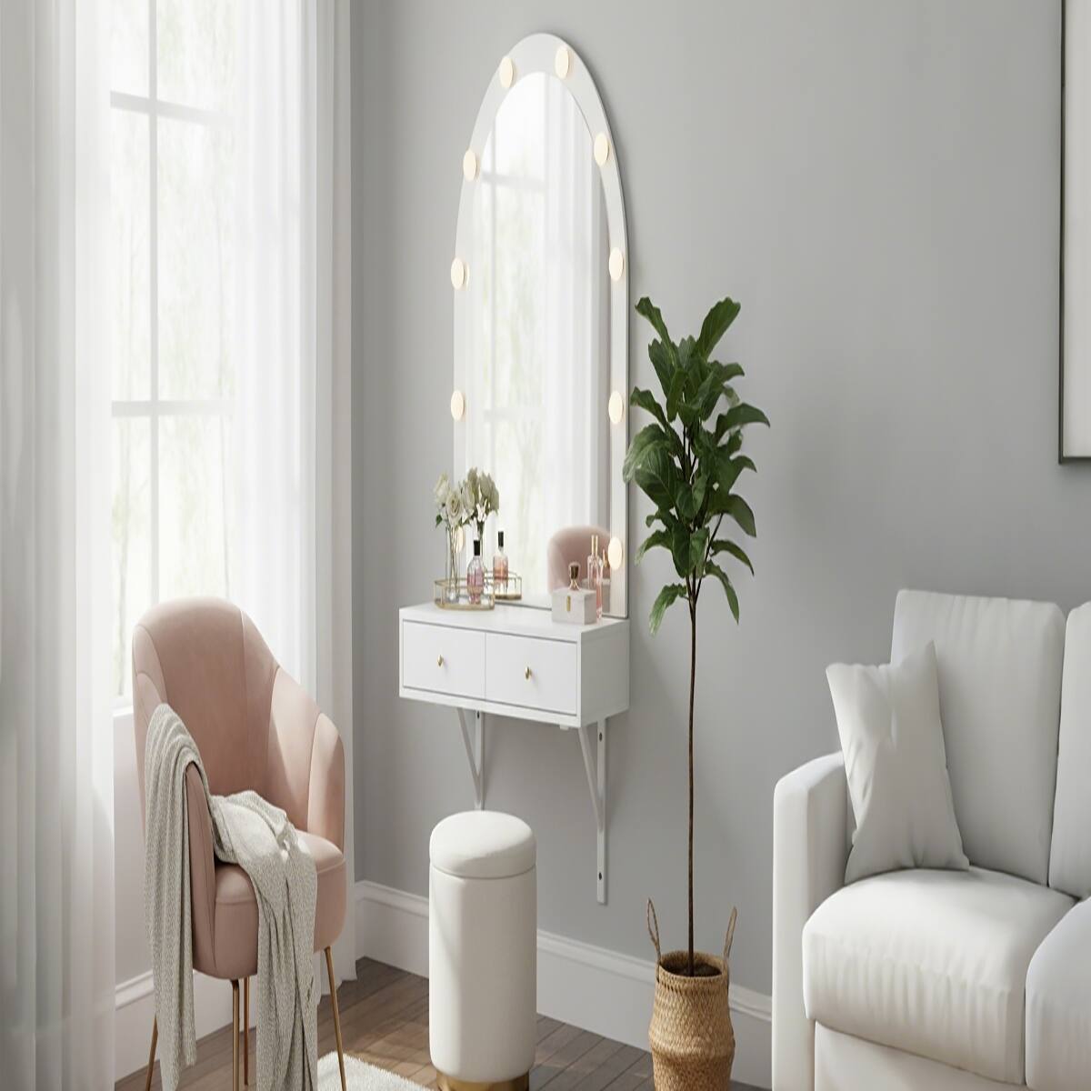 Alt View 6. Loheer - Loheer Floating Makeup Vanity Desk with Mirror and Lights, White Wall Mounted Vanity Desk - White.