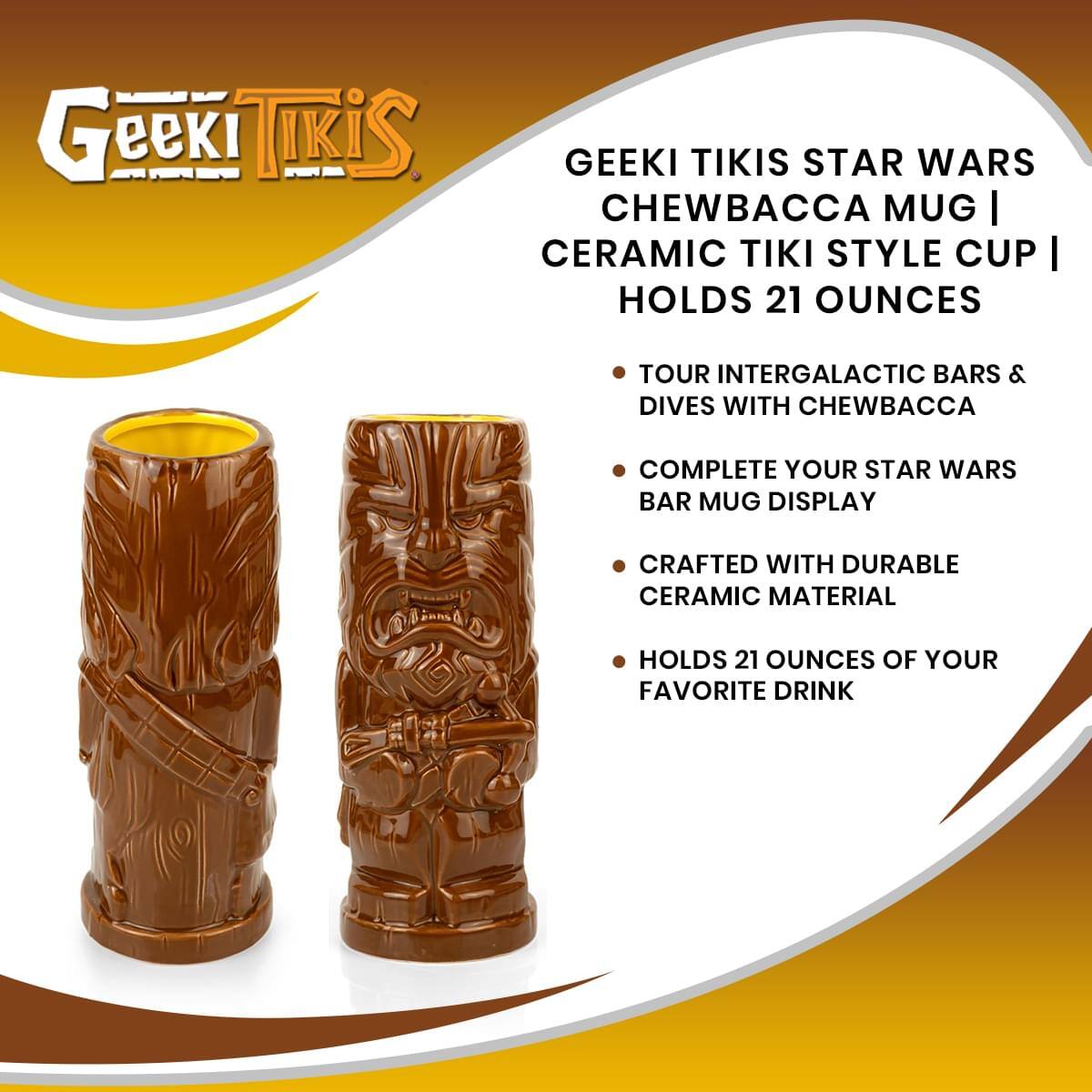 Geeki Tikis Star Wars Chewbacca Mug | Ceramic Tiki Style Cup | Holds 21 Ounces

- Tour Intergalactic Bars & Dives with Chewbacca
- Complete Your Star Wars Bar Mug Display
- Crafted with Durable Ceramic Material
- Holds 21 Ounces of Your Favorite Drink
