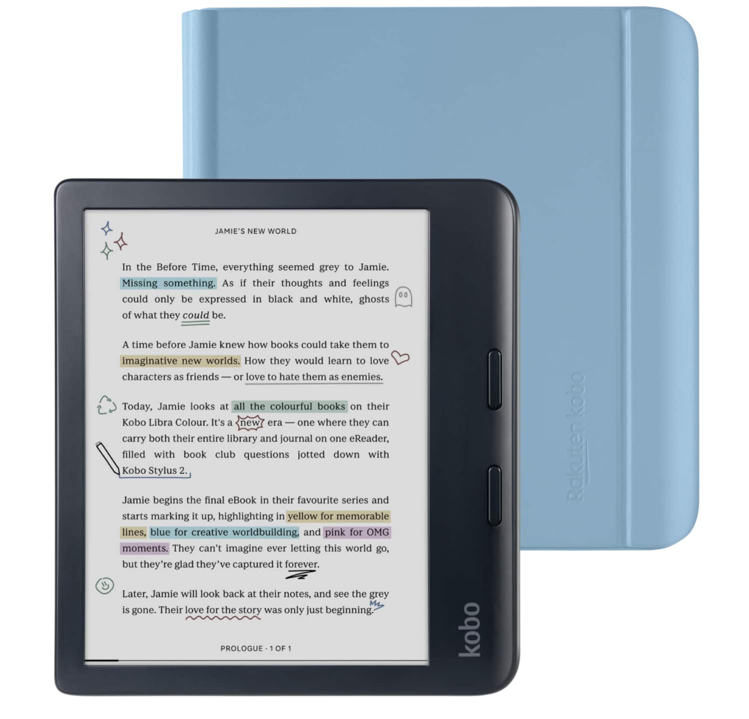 Kobo - Libra Colour (Black) eReader with Bundle - 2024 - Dusk Blue Notebook SleepCover