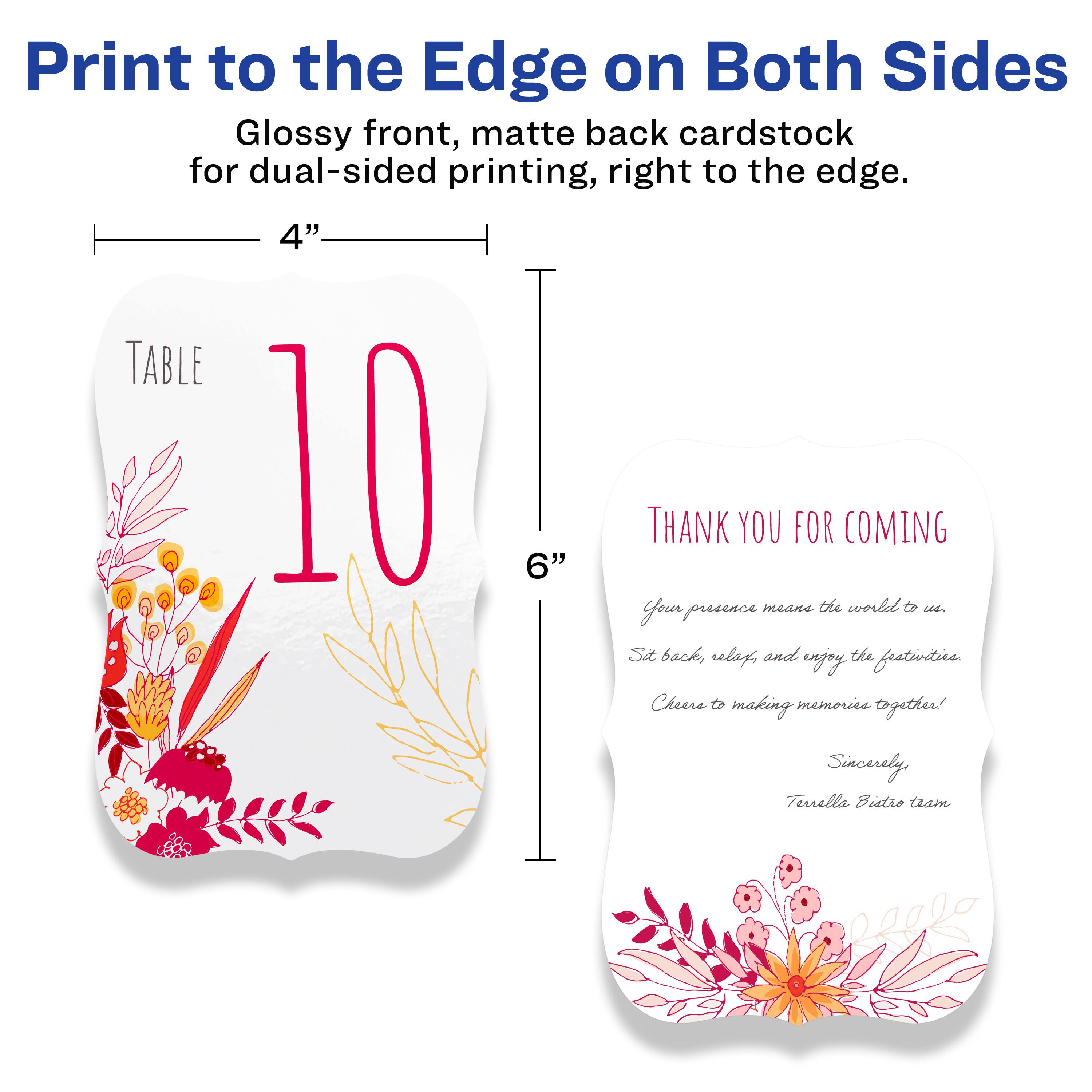 Print to the Edge on Both Sides  
Glossy front, matte back cardstock for dual-sided printing, right to the edge.

4" TABLE 10 6" THANK YOU FOR COMING  
Your presence means the world to us.  
Sit back, relax, and enjoy the festivities.  
Cheers to making memories together!  
Sincerely  
Terrella Bistro team