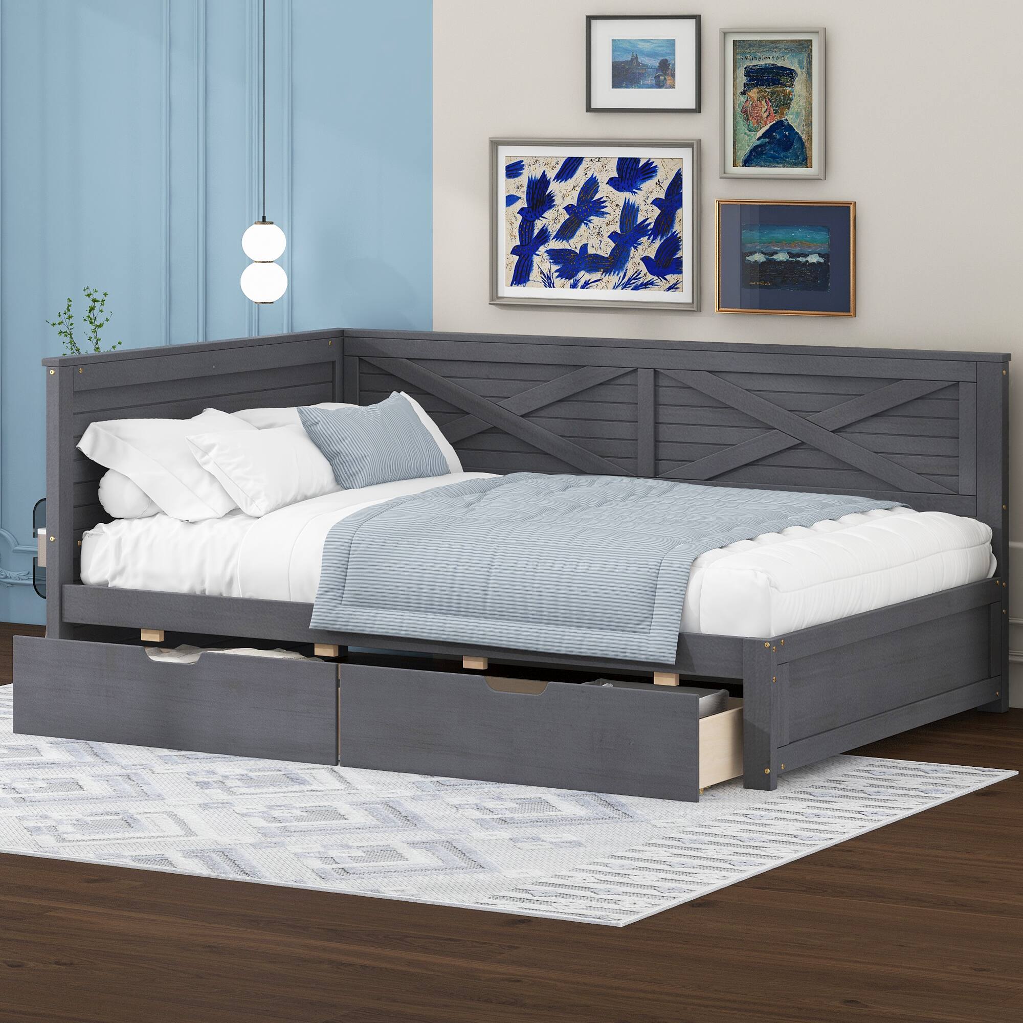 Angle. Tiramisubest - Twin Size Wood Daybed with 2 Drawers and Rustic Guardrail, Ancient Grey - Grey.