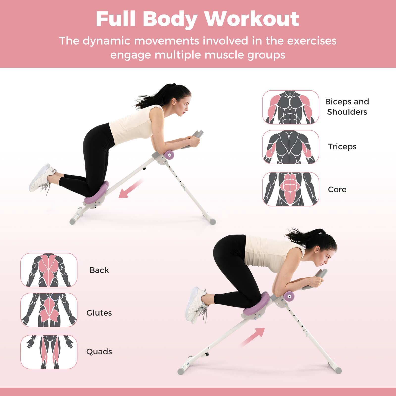 Full Body Workout

The dynamic movements involved in the exercises engage multiple muscle groups

- Biceps and Shoulders
- Triceps
- Core
- Back
- Glutes
- Quads