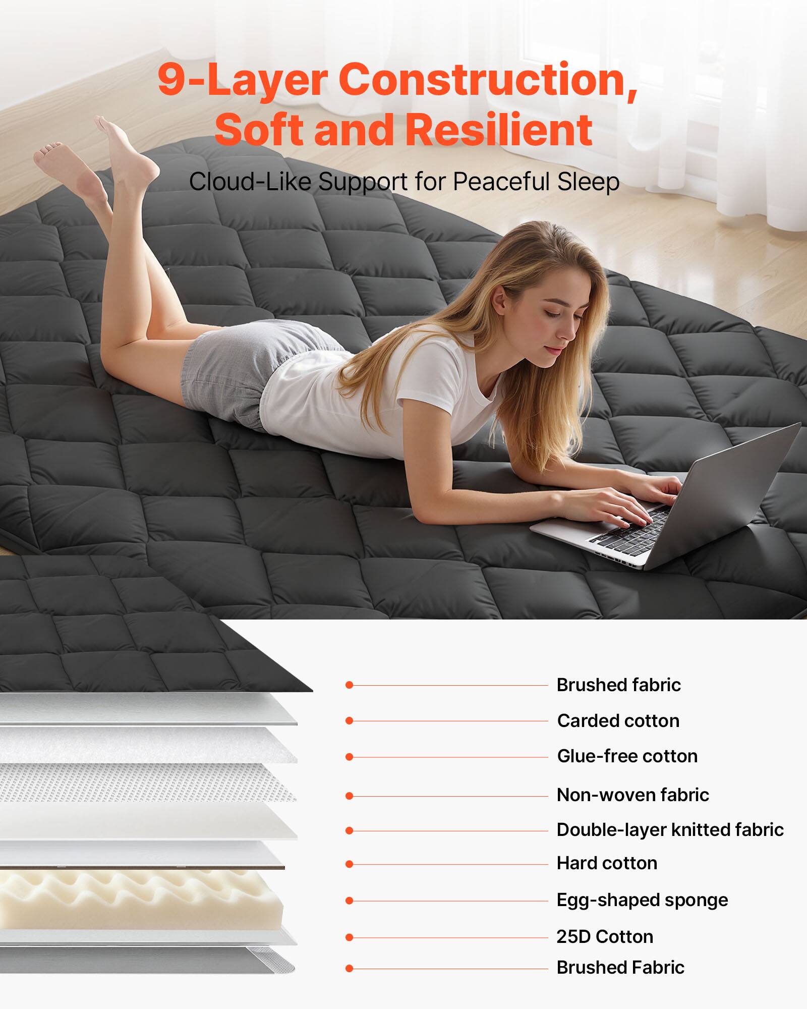 9-Layer Construction, Soft and Resilient Cloud-Like Support for Peaceful Sleep

- Brushed fabric
- Carded cotton
- Glue-free cotton
- Non-woven fabric
- Double-layer knitted fabric
- Hard cotton
- Egg-shaped sponge
- 25D Cotton
- Brushed Fabric