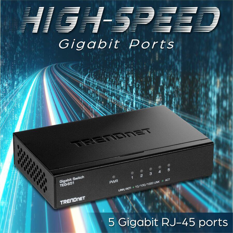 HIGH-SPEED  
Gigabit Ports  

TRENDNET  
Gigabit Switch  
TEG-S51  

5 Gigabit RJ-45 ports  

LINK/ACT: 10/100/1000 LINK * ACT