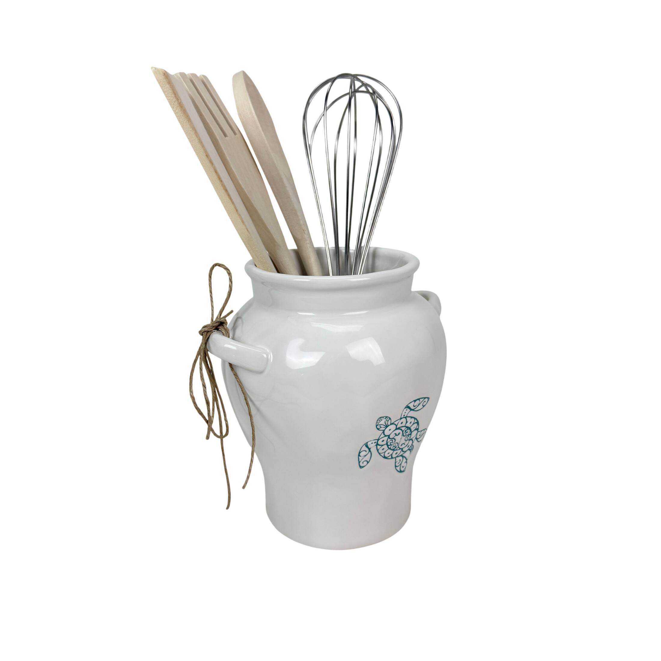 Alt View 1. Fancy That - Sea Turtle Ceramic Kitchen Utensil Holder White Glossy 10.5 Inch Tall - White.