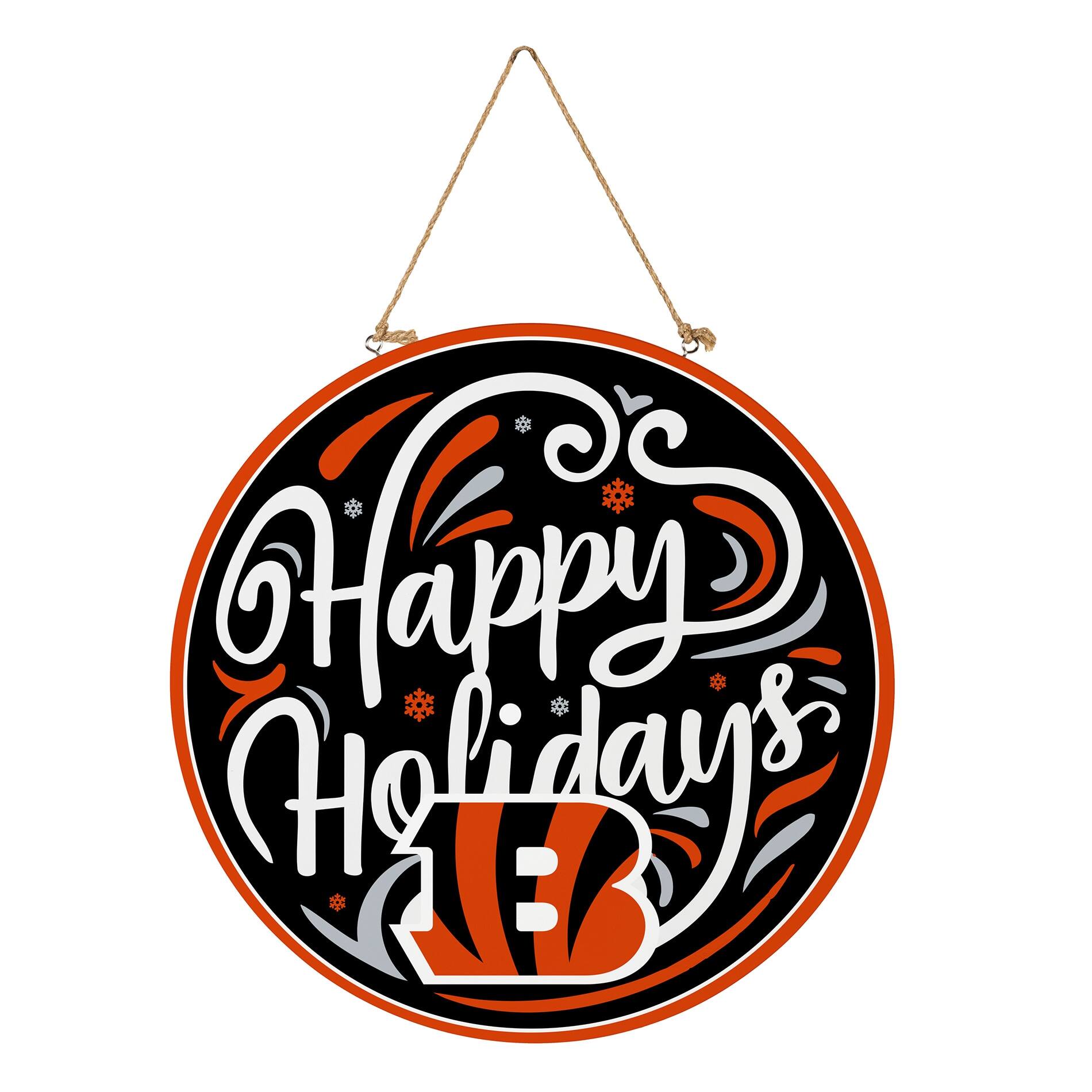 Alt View 2. Evergreen Enterprises - Cincinnati Bengals 18" Happy Holidays Wooden Round Door Sign - Multicolor.