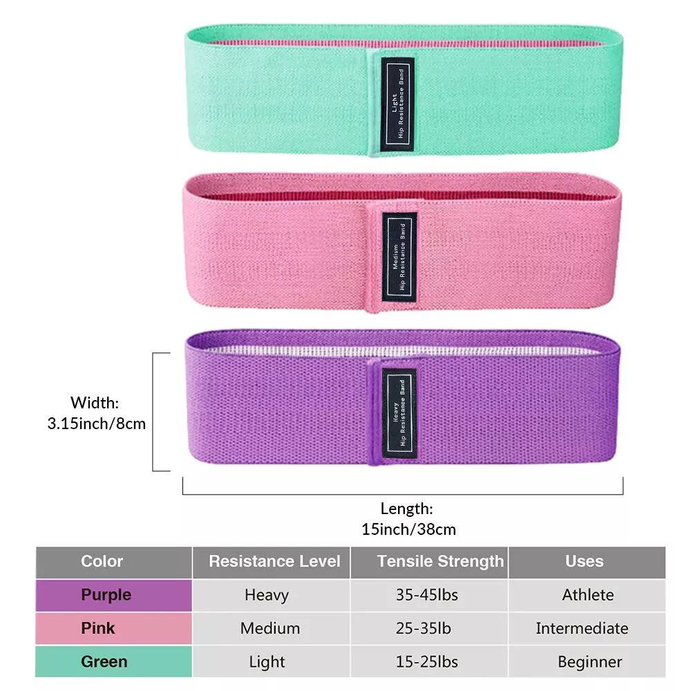 - **Width:** 3.15 inch / 8 cm
- **Length:** 15 inch / 38 cm

| Color | Resistance Level | Tensile Strength | Uses |
|-------|-----------------|-----------------|------|
| Purple | Heavy | 35-45 lbs | Athlete |
| Pink | Medium | 25-35 lbs | Intermediate |
| Green | Light | 15-25 lbs | Beginner |