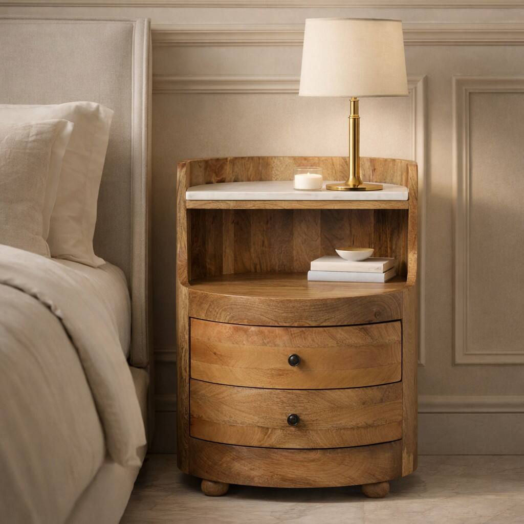 Alt View 6. Artisan Furniture - Artisan Furniture Solid Wood Curved Bedside with Marble Top, 2 Drawers, 1 Open Shelf, Brown - Brown.