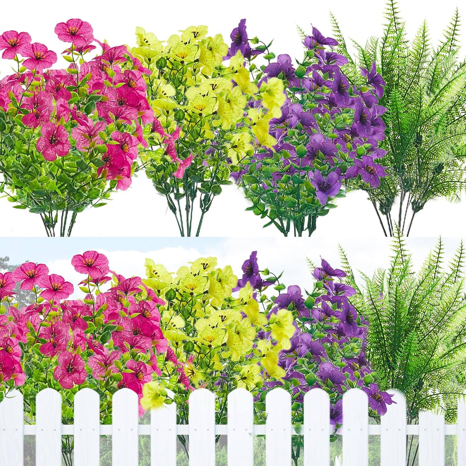 Back. Homhougo - Artificial Flowers for Outdoors, 30 Bundles Multicolor Silk Fake Flowers with Ferns, UV-Resistant Faux Plant, Spring - Yellow & Red.