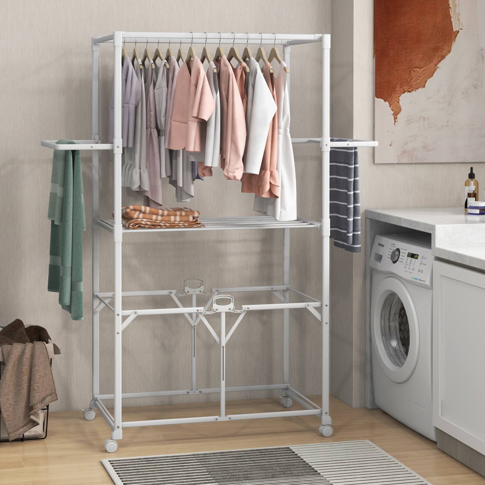 Alt View 9. Costway - Costway Foldable Clothes Drying Rack 68.5" Aluminum Laundry Rack with Hanging Rods & Drying Shelves Universal Wheels - White.