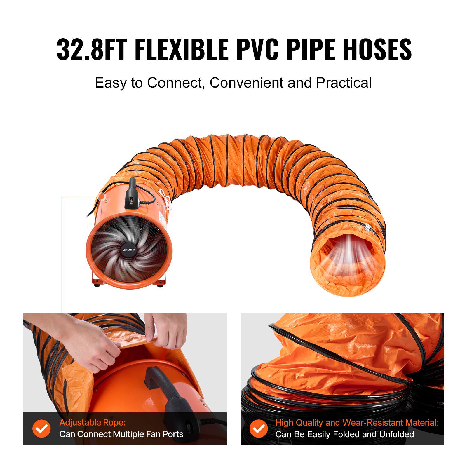 32.8FT FLEXIBLE PVC PIPE HOSES  
Easy to Connect, Convenient and Practical

Adjustable Rope: Can Connect Multiple Fan Ports

High Quality and Wear-Resistant Material: Can Be Easily Folded and Unfolded