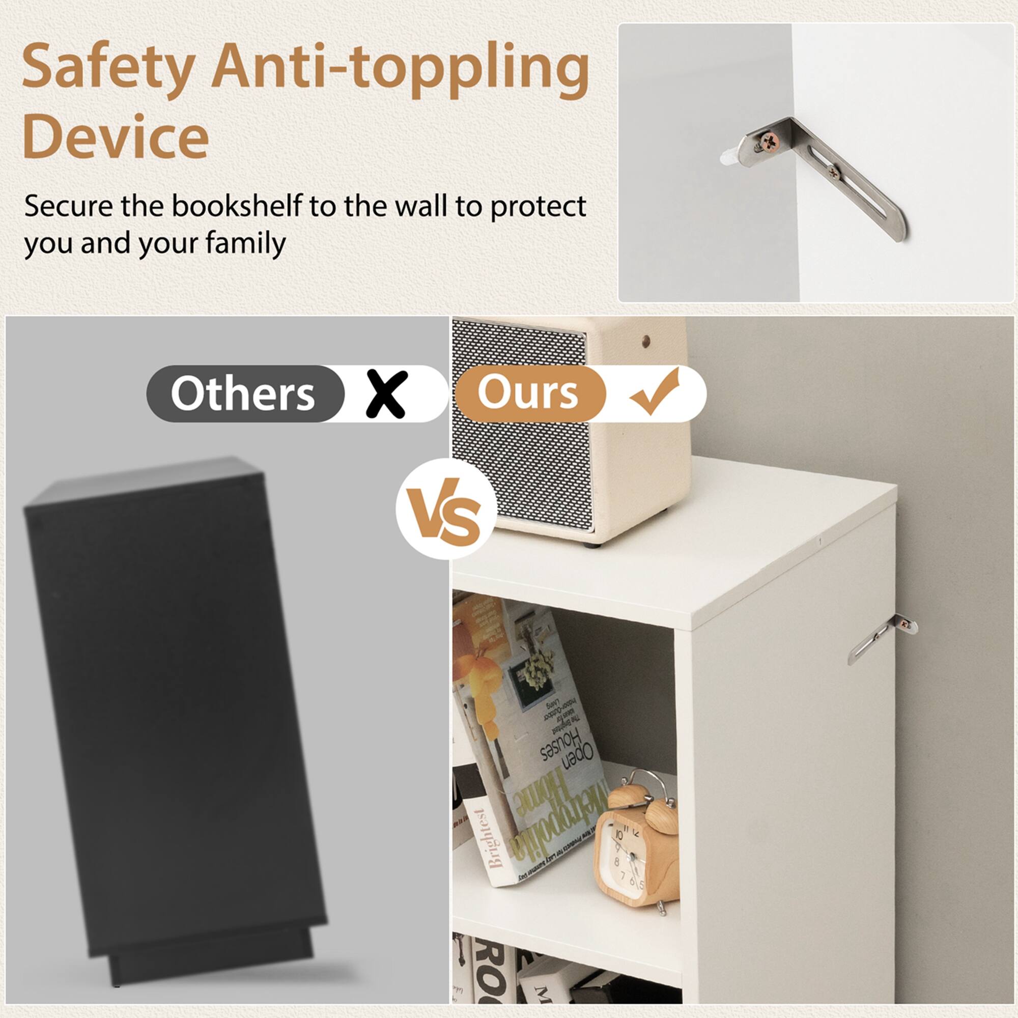 Safety Anti-toppling Device: Secure the bookshelf to the wall to protect you and your family. Others vs. Ours.