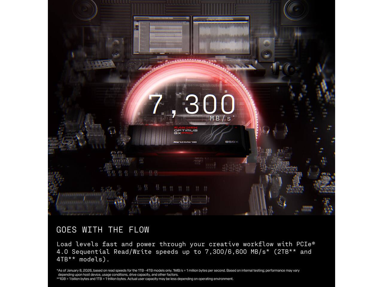 300 MB/S

SANDISK OPTIMUS GXPRO
BEOX
GOES WITH THE FLOW

Load levels fast and power through your creative workflow with PCIe 4.0 Sequential Read/Write speeds up to 7,300/6,600 MB/s* (2TB* and 4TB** models).

*As of January 8, 2026, based on read speeds for the 1TB-4TB models only. 1MB/s = 1 million bytes per second. Based on internal testing; performance may vary depending upon host device, usage conditions, drive capacity, and other factors.
**1GB = 1 billion bytes and 1TB = 1 trillion bytes. Actual user capacity may be less depending on operating environment.