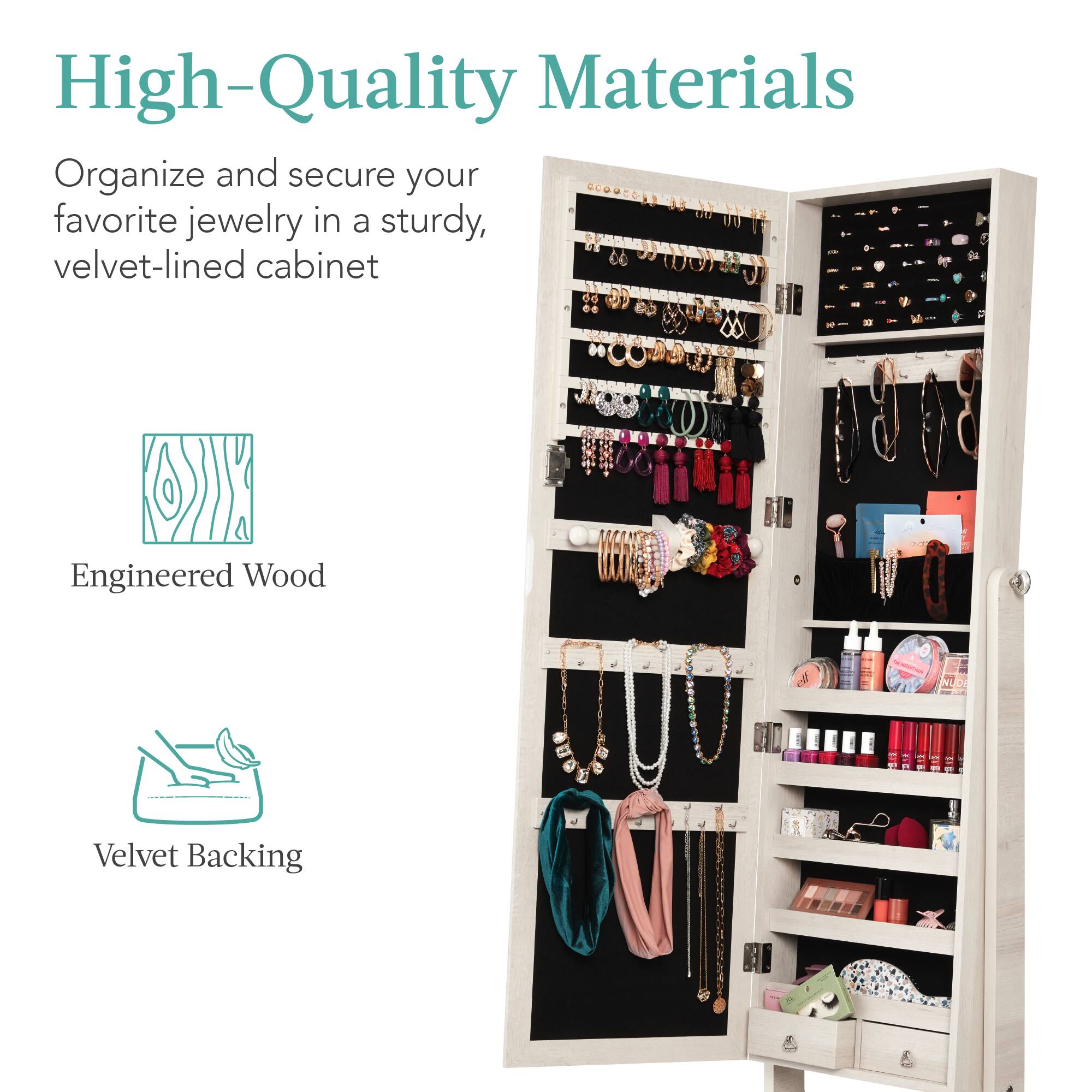 High-Quality Materials

Organize and secure your favorite jewelry in a sturdy, velvet-lined cabinet

Engineered Wood

Velvet Backing